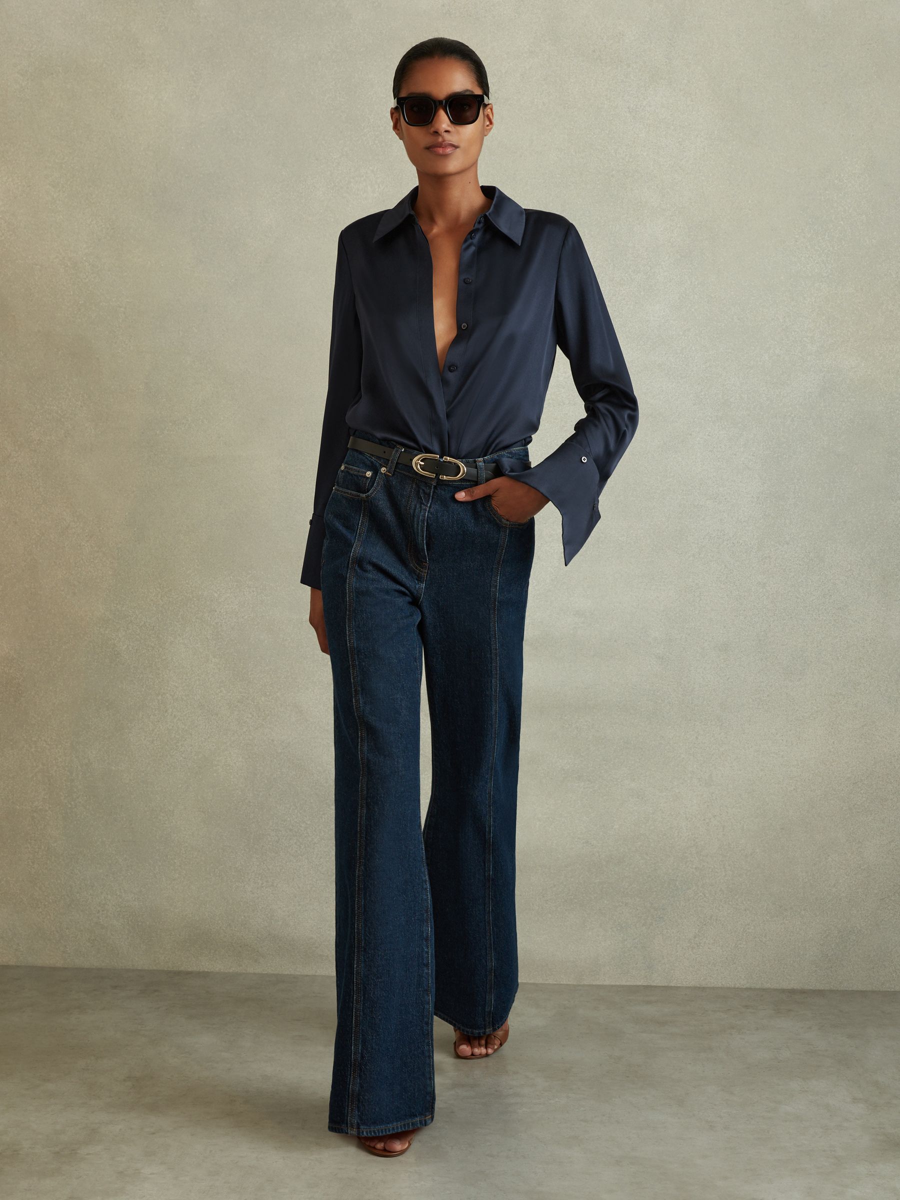 Silk Double-Cuff Button-Through Shirt in Navy