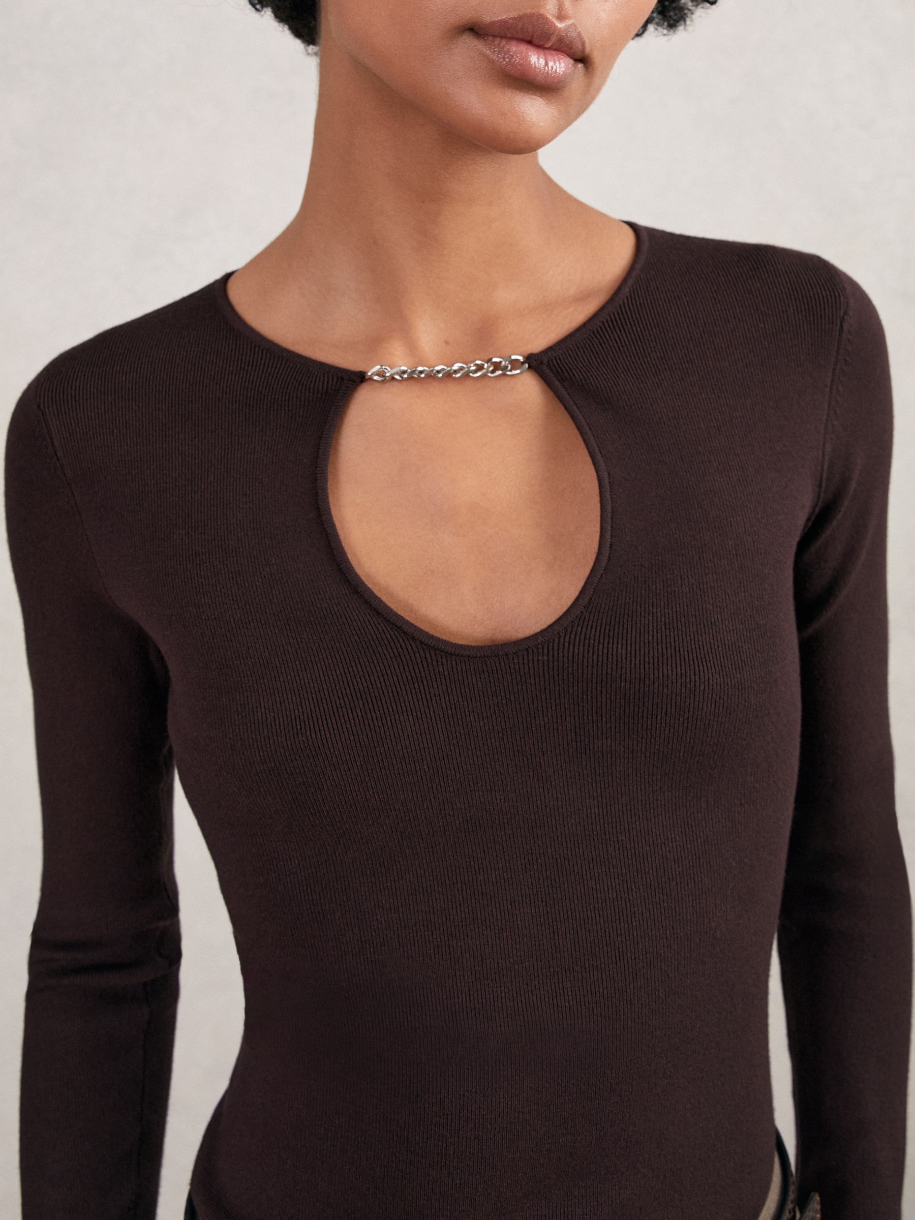 Chain-Detail Keyhole Knit Top in Plum