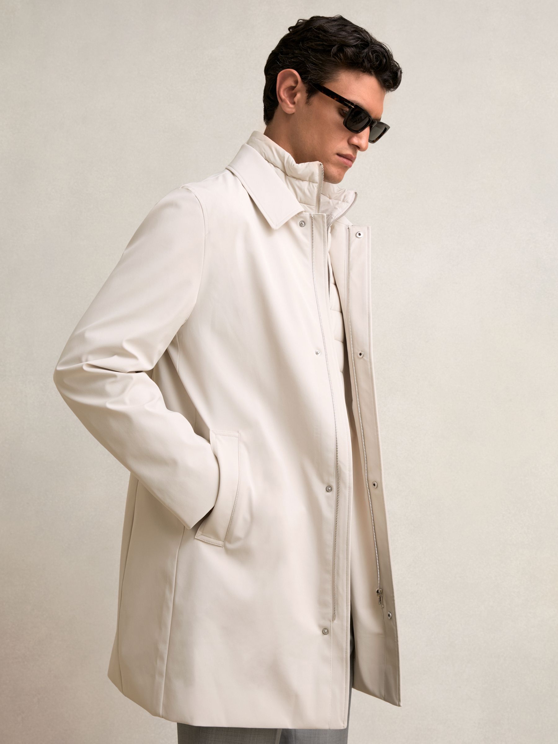 Hybrid Removable Funnel Neck Overcoat in Light Stone