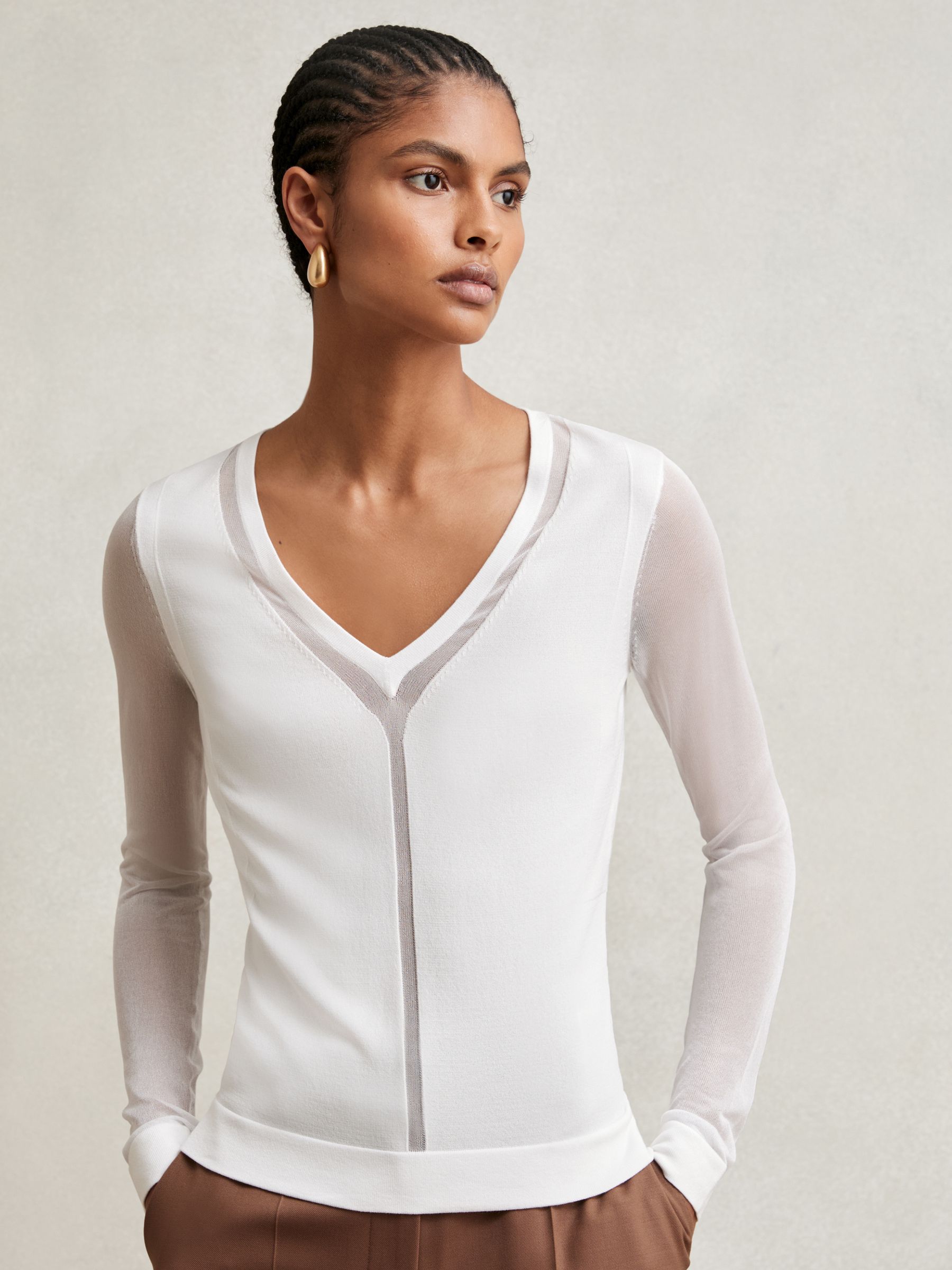 Sheer-Detail V-Neck Top in White