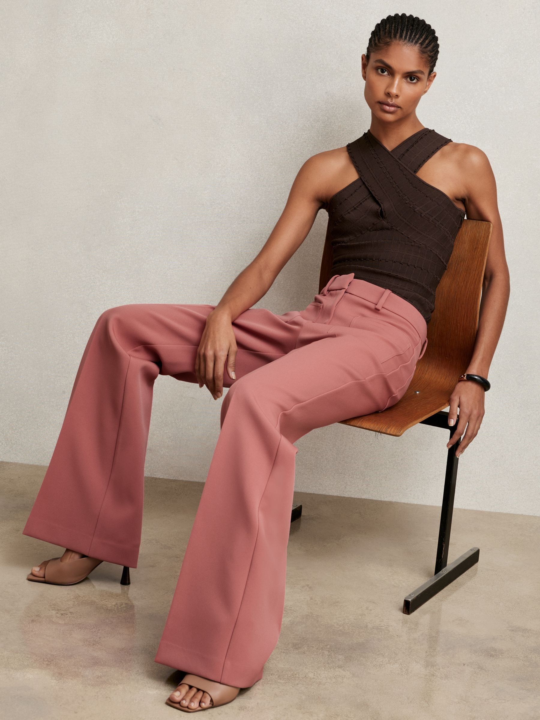 Petite Twill Patch-Pocket Flared Trousers in Pink