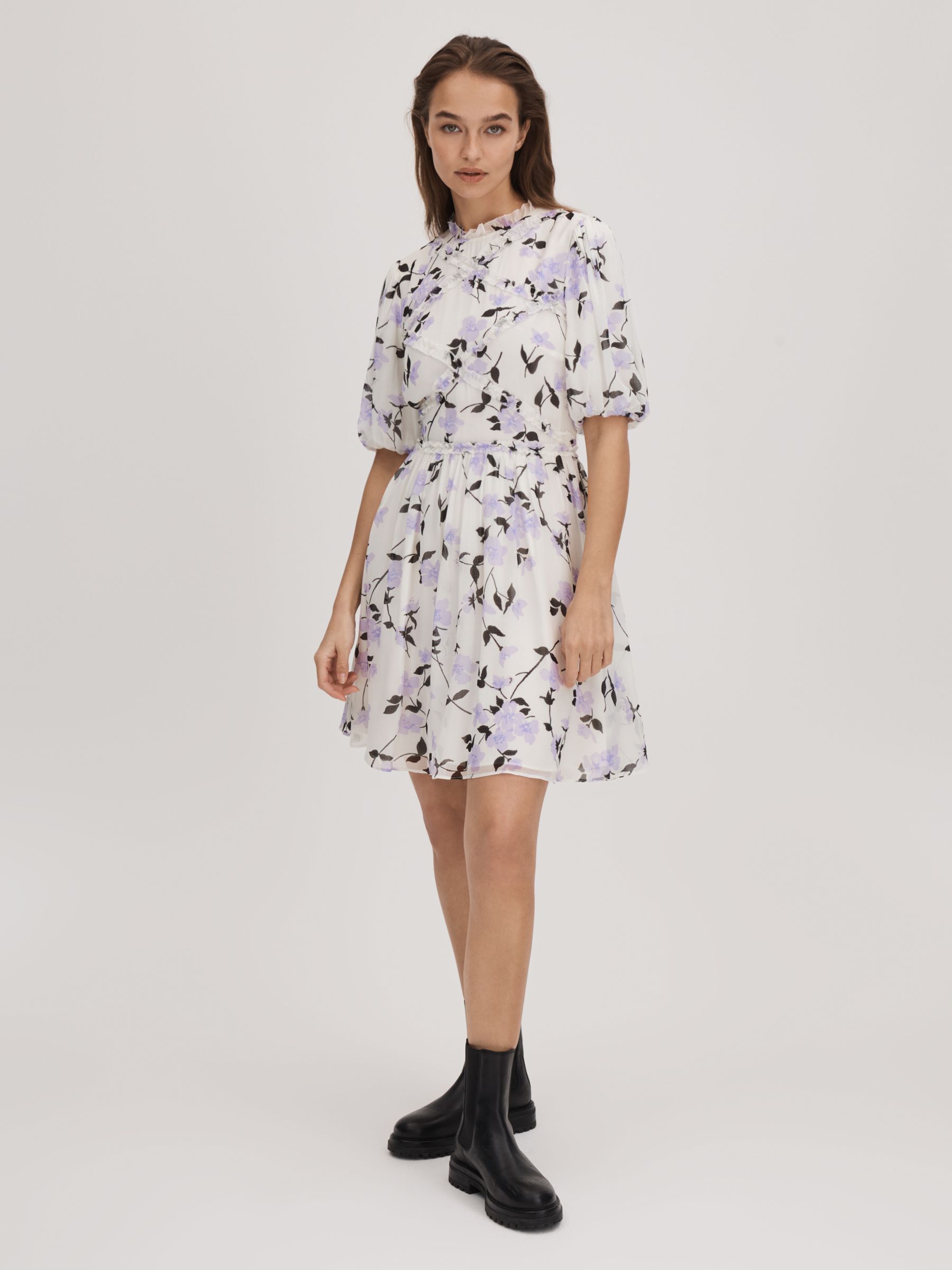 Florere Printed Puff Sleeve Mini Dress in Lilac