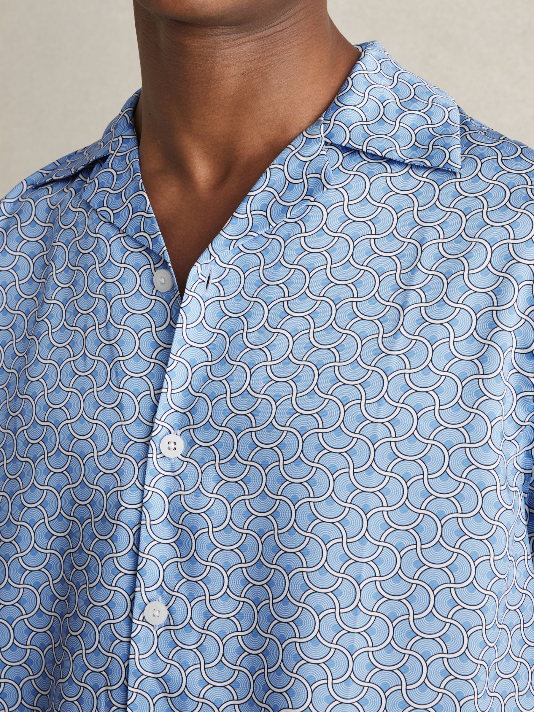 Geometric Wave Print Cuban Shirt in Soft Blue