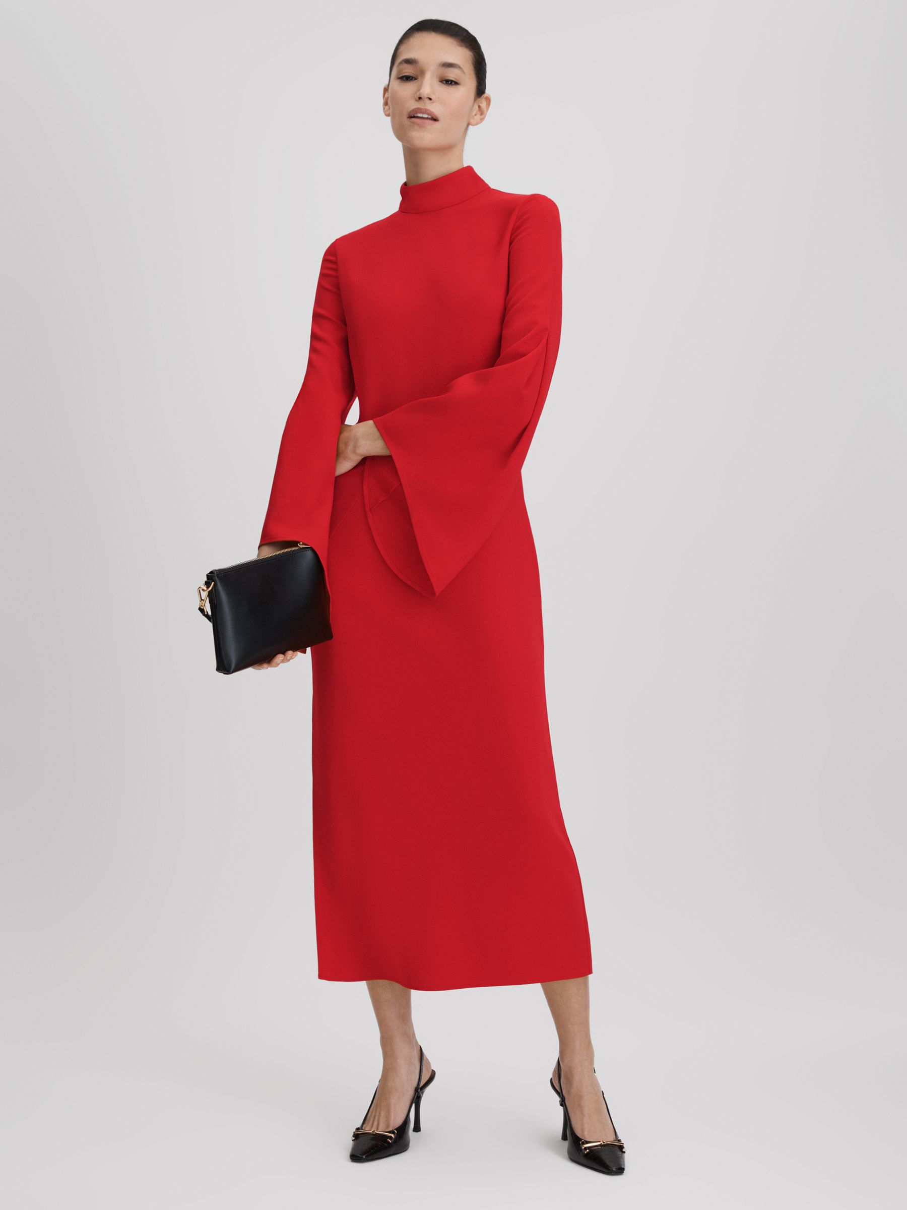Flute Sleeve Bodycon Midi Dress in Red