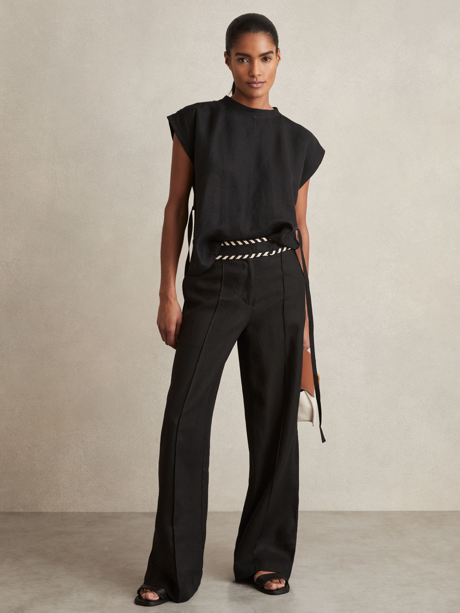 Linen Wide-Leg Whipstitch Trousers in Black