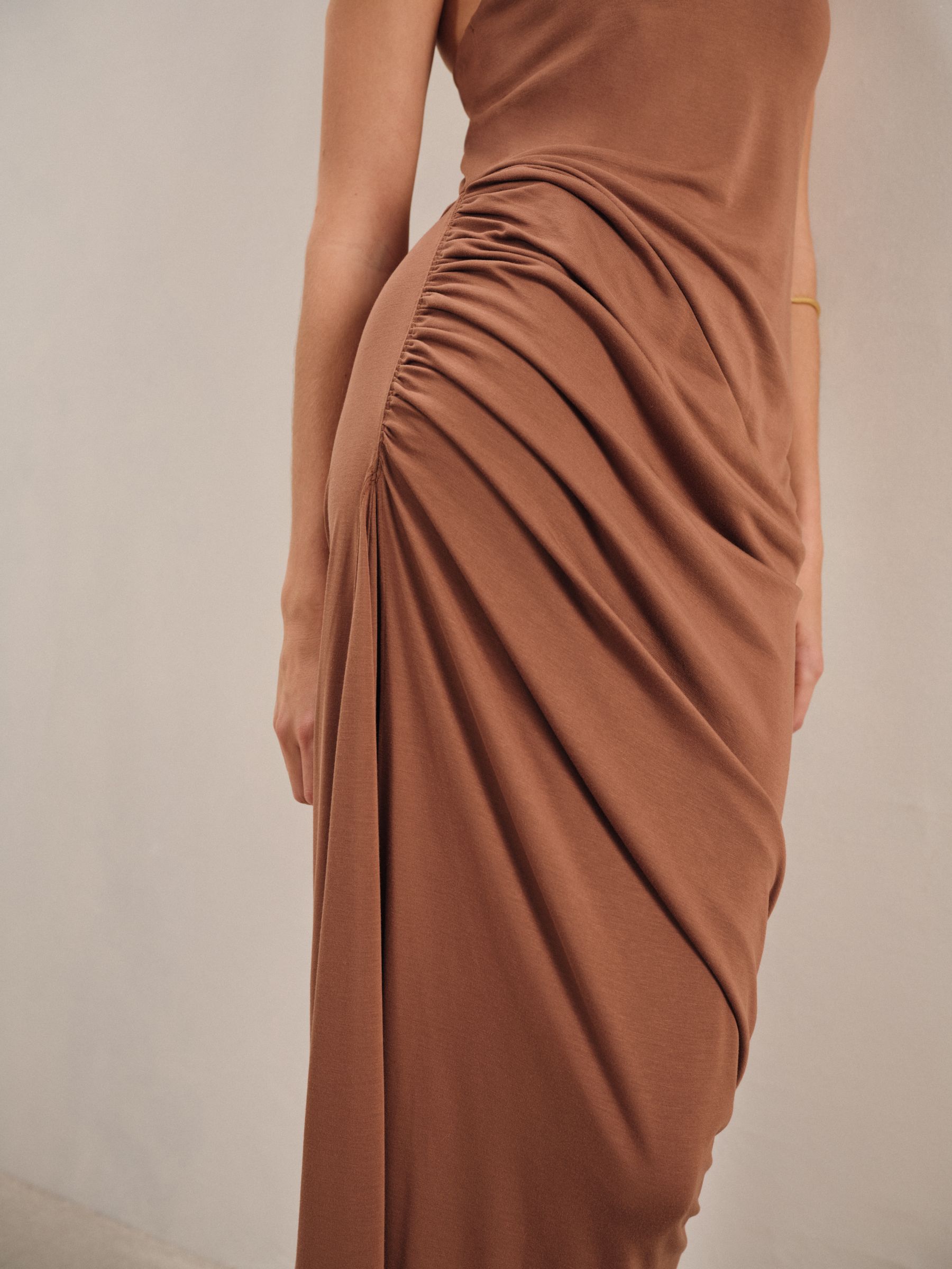 Ruched Jersey Midi Dress in Brown