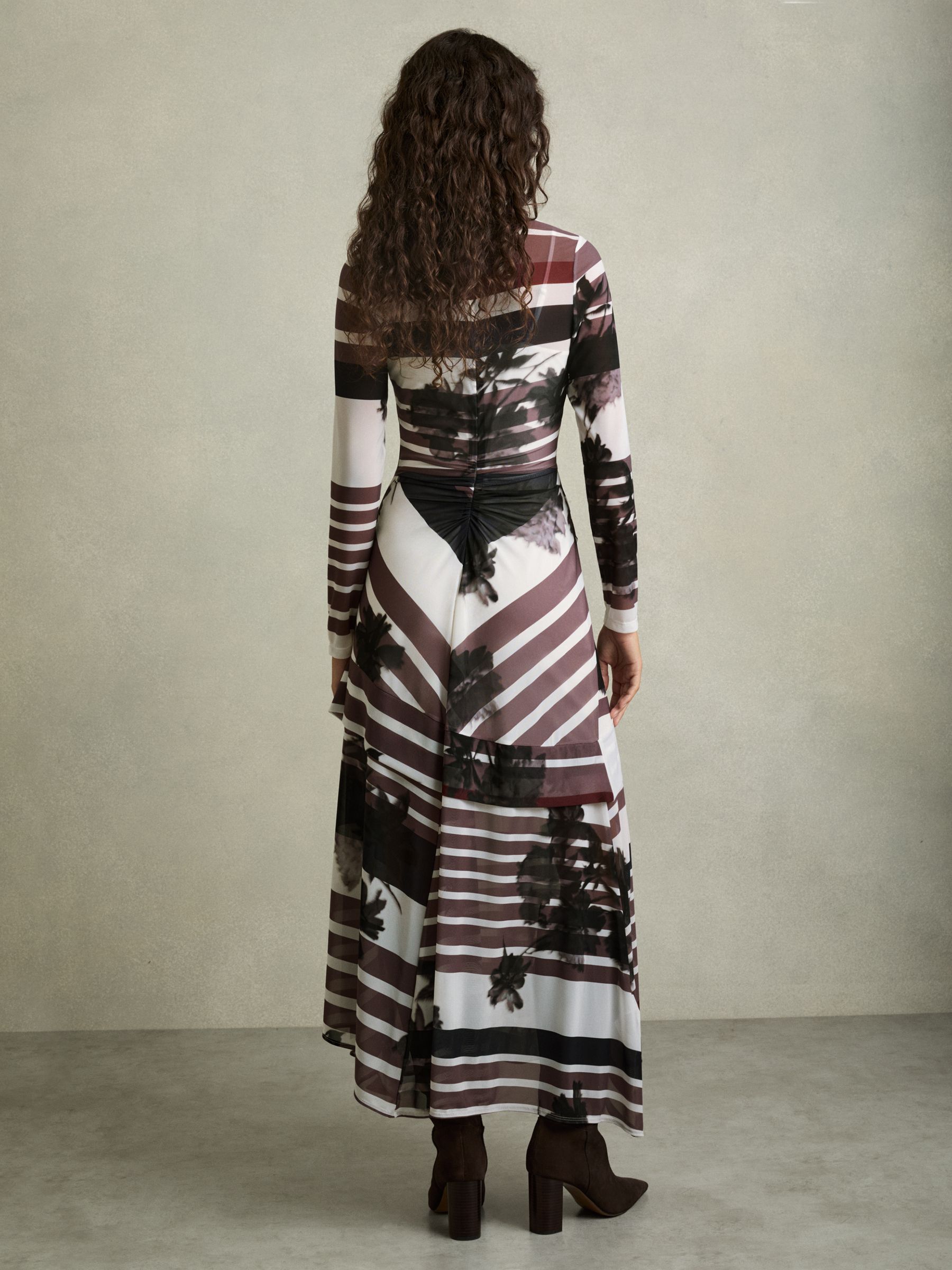 Stretch-Mesh Stripe-Print Ruched Dress in Burgundy/Black