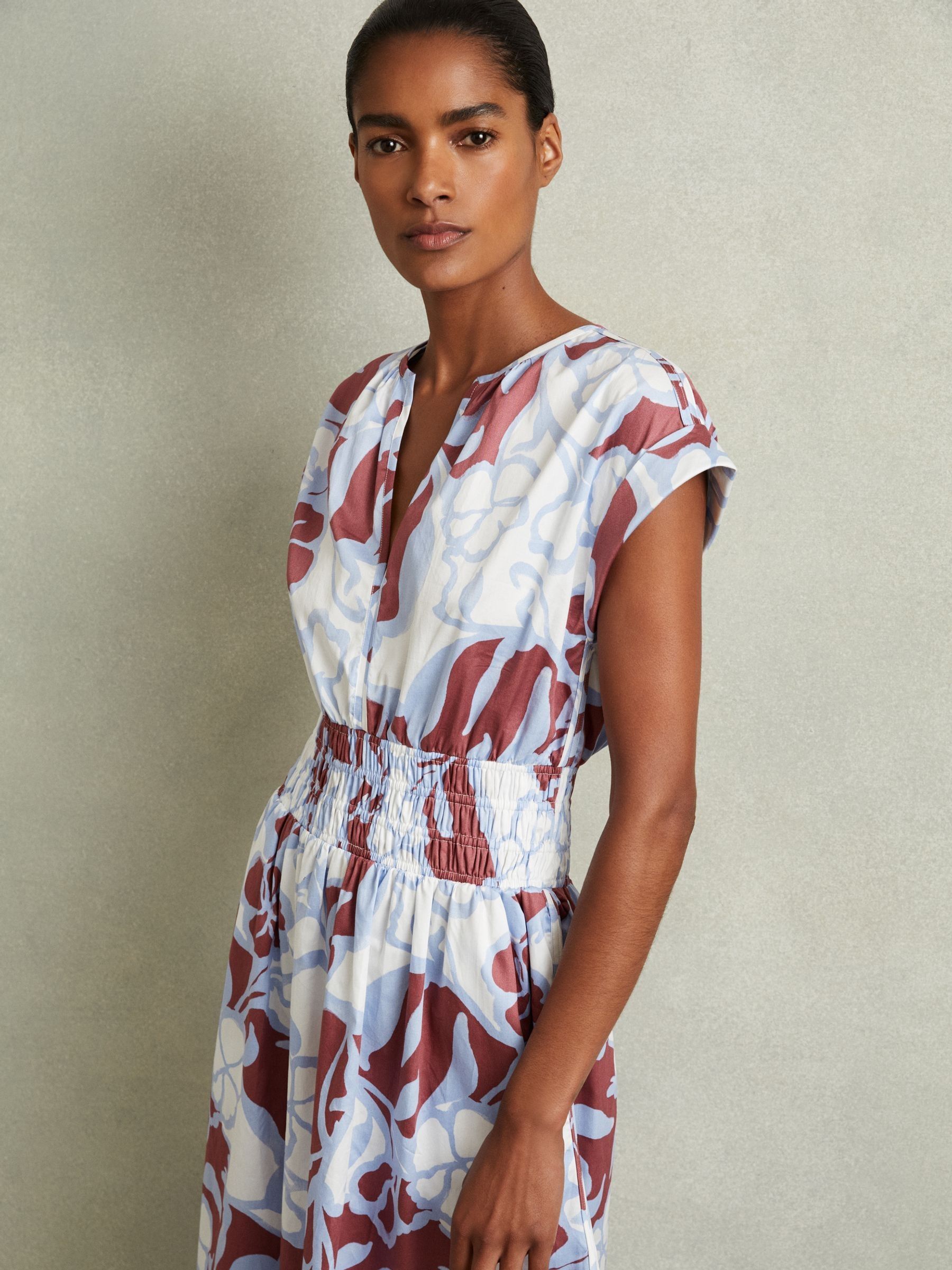 100% Cotton Poplin Floral-Print Midi Dress in Blue