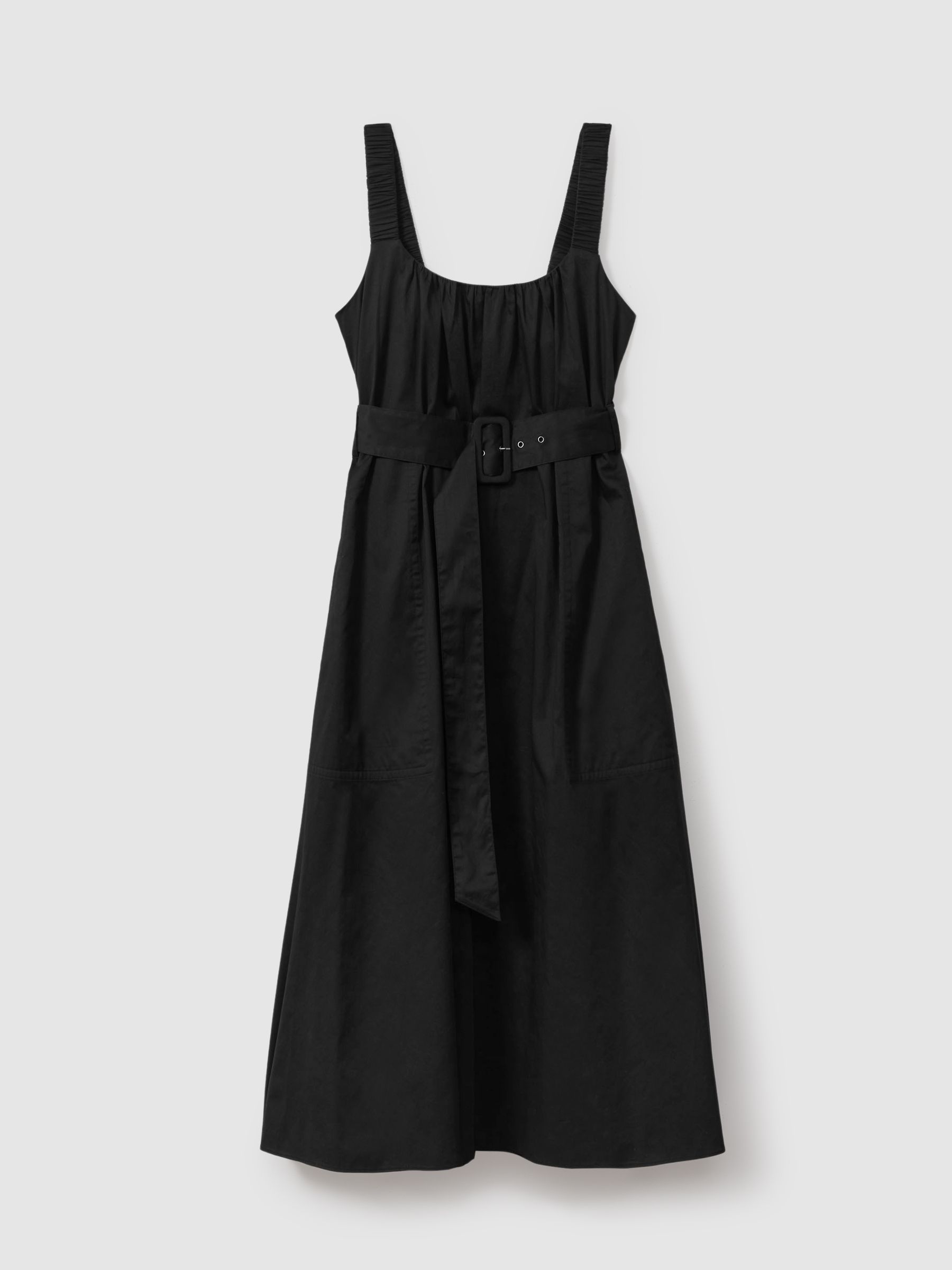 Cotton Ruched Strap Belted Midi Dress in Black