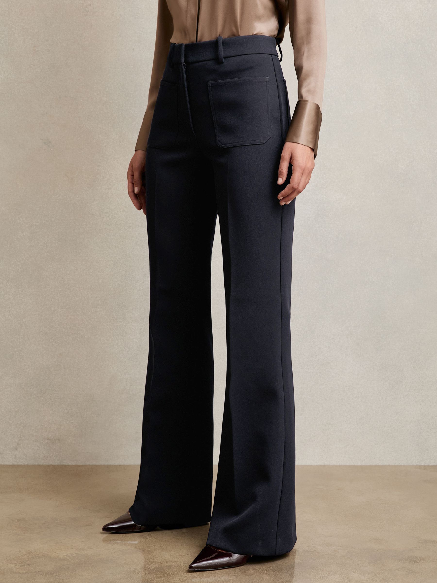Petite Twill Patch-Pocket Flared Trousers in Navy