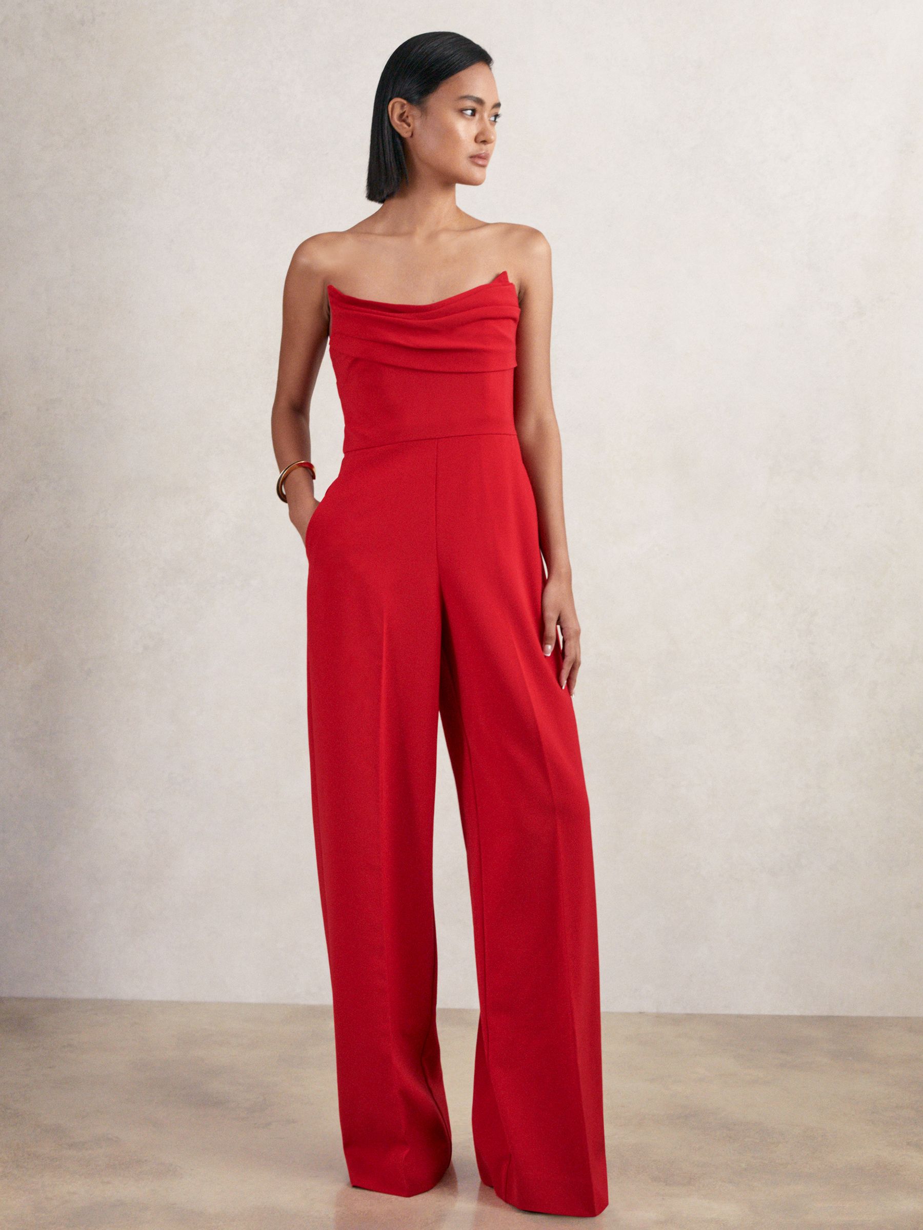 Structured Strapless Wide-Leg Jumpsuit in Red