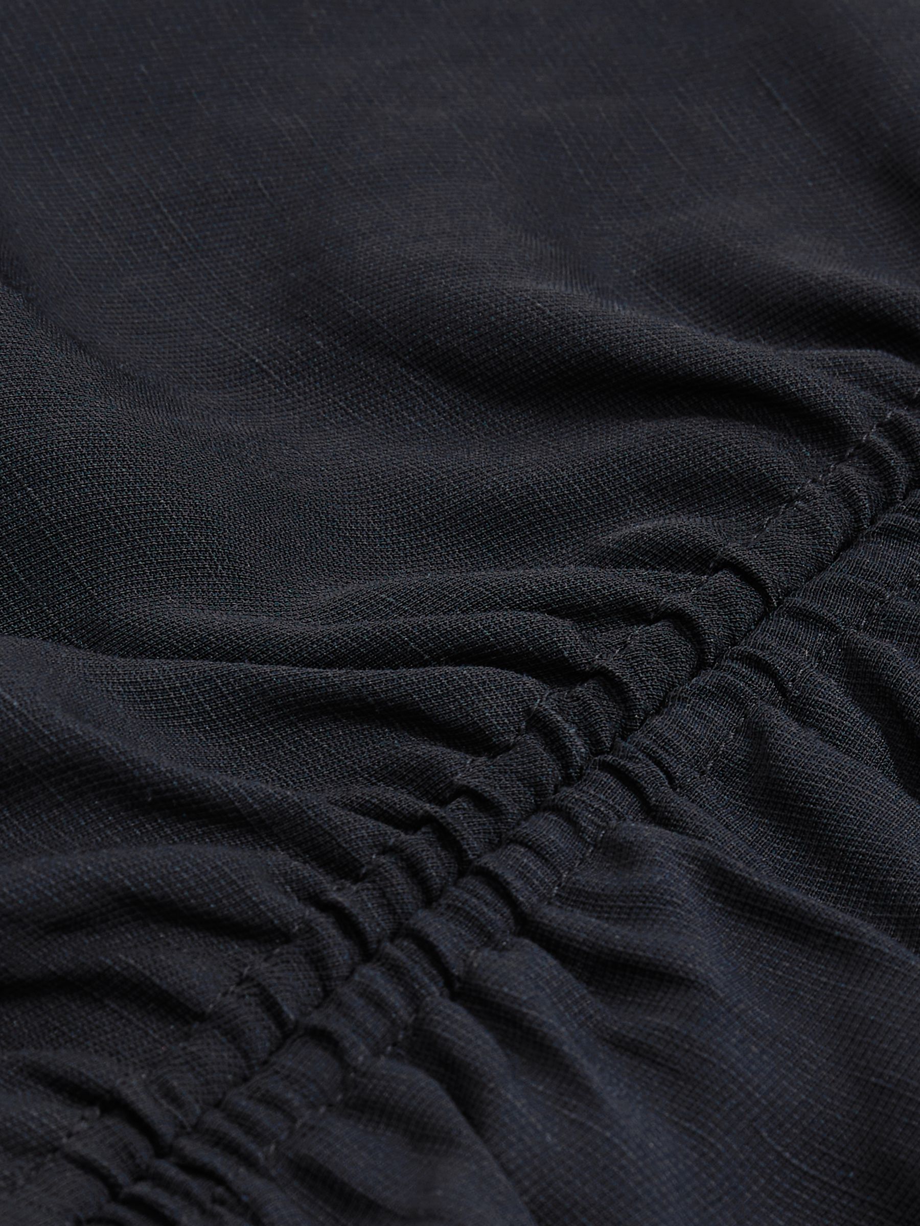 Ruched Sleeveless Midi Dress With Linen in Navy