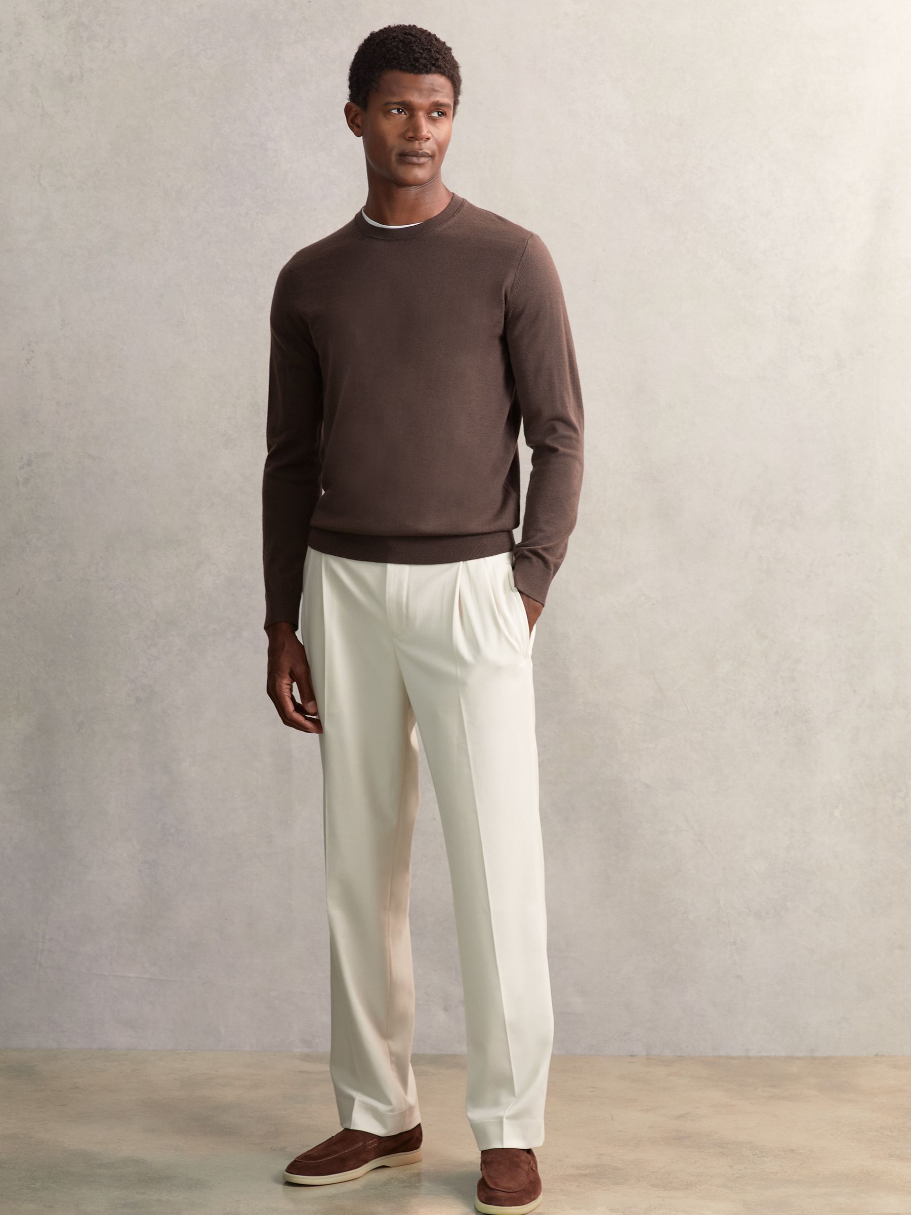 Wide Leg Pleated Drawstring Trousers in Ecru