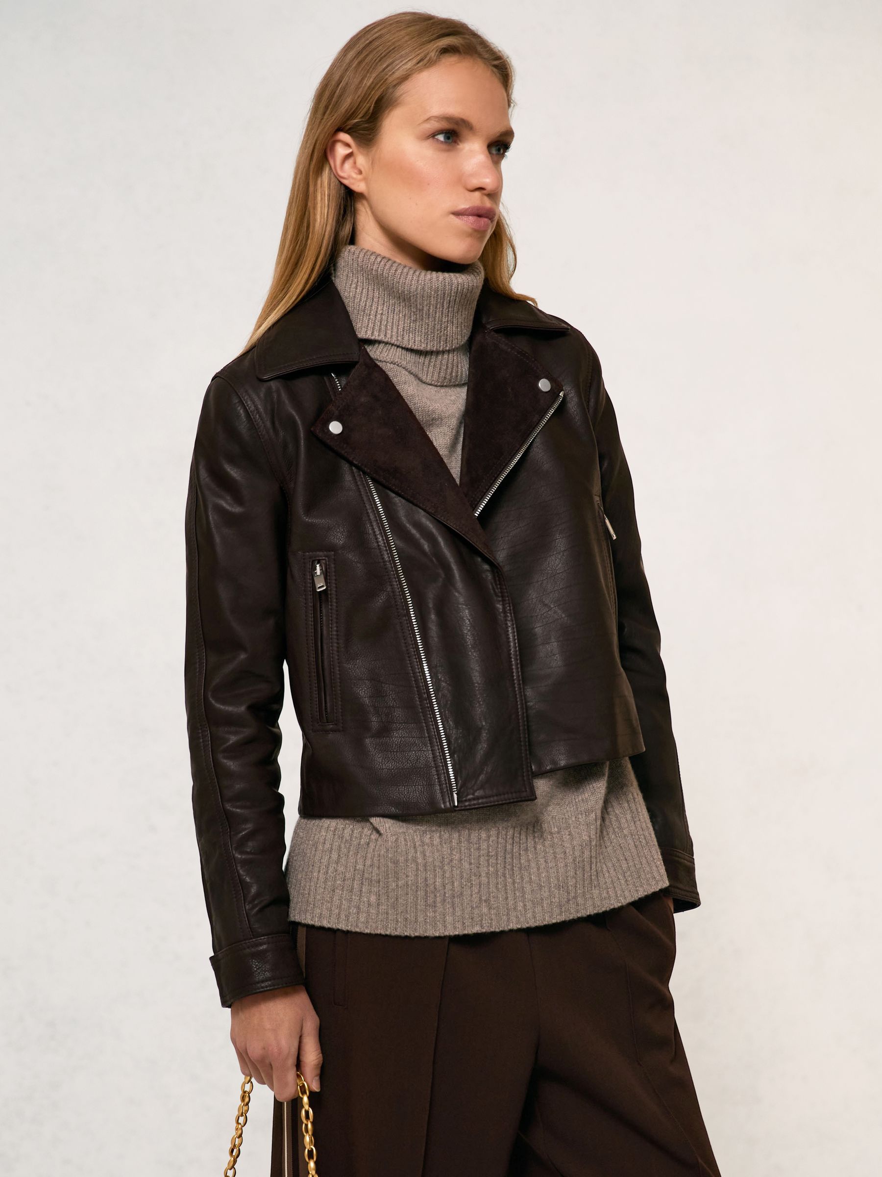 Suede-Lapel Leather Biker Jacket in Chocolate Brown