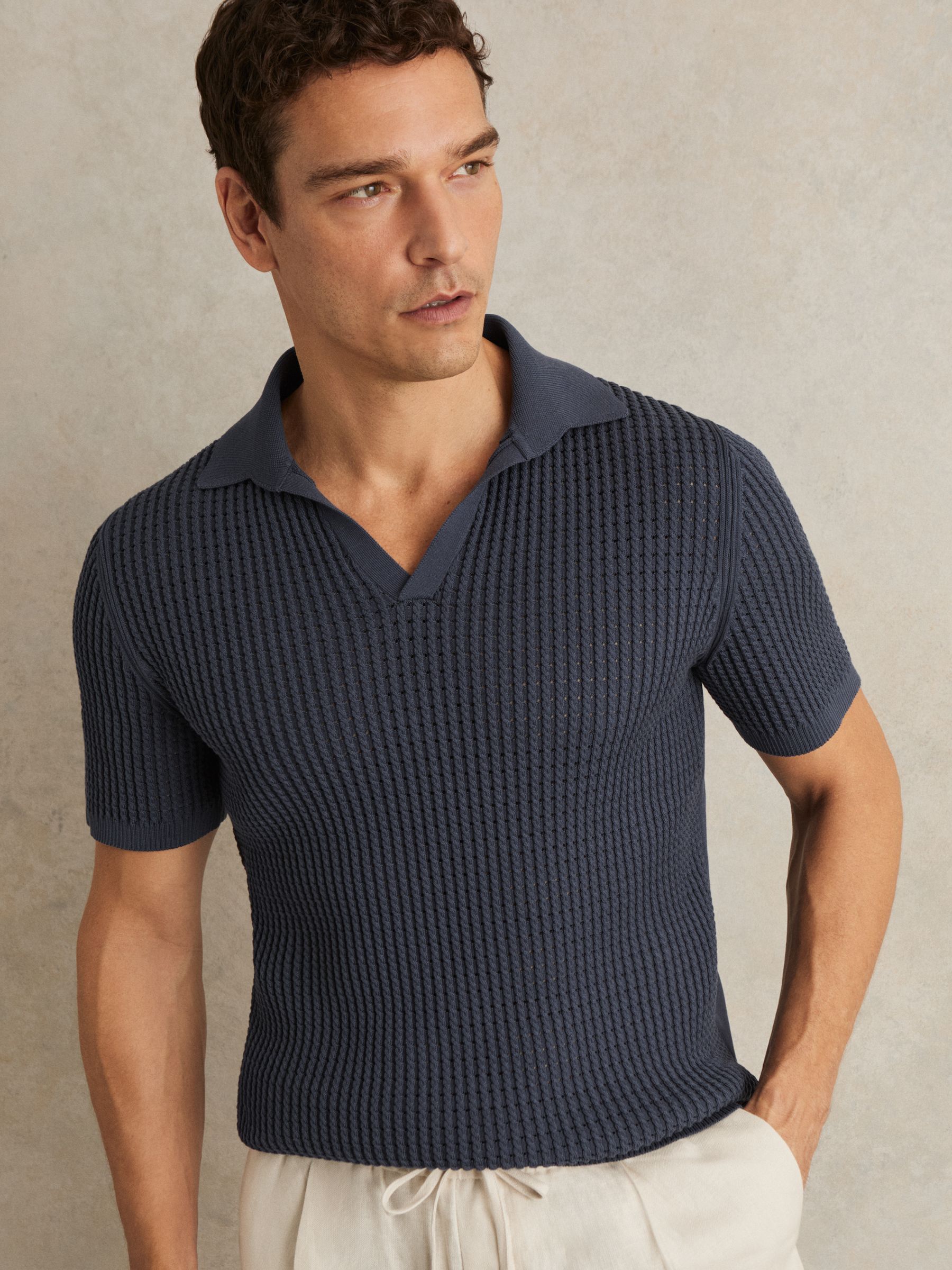Micro-Cable Open-Collar Cotton-Blend Shirt in Dark Airforce Blue