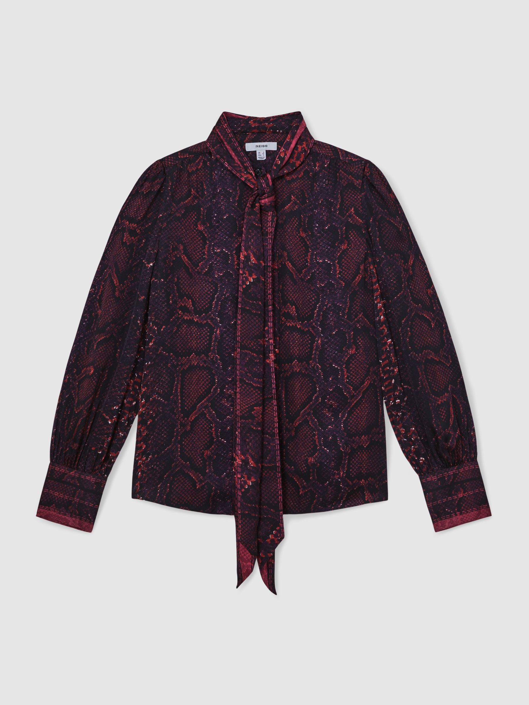 Snake-Print Tie-Neck Blouse in Burgundy