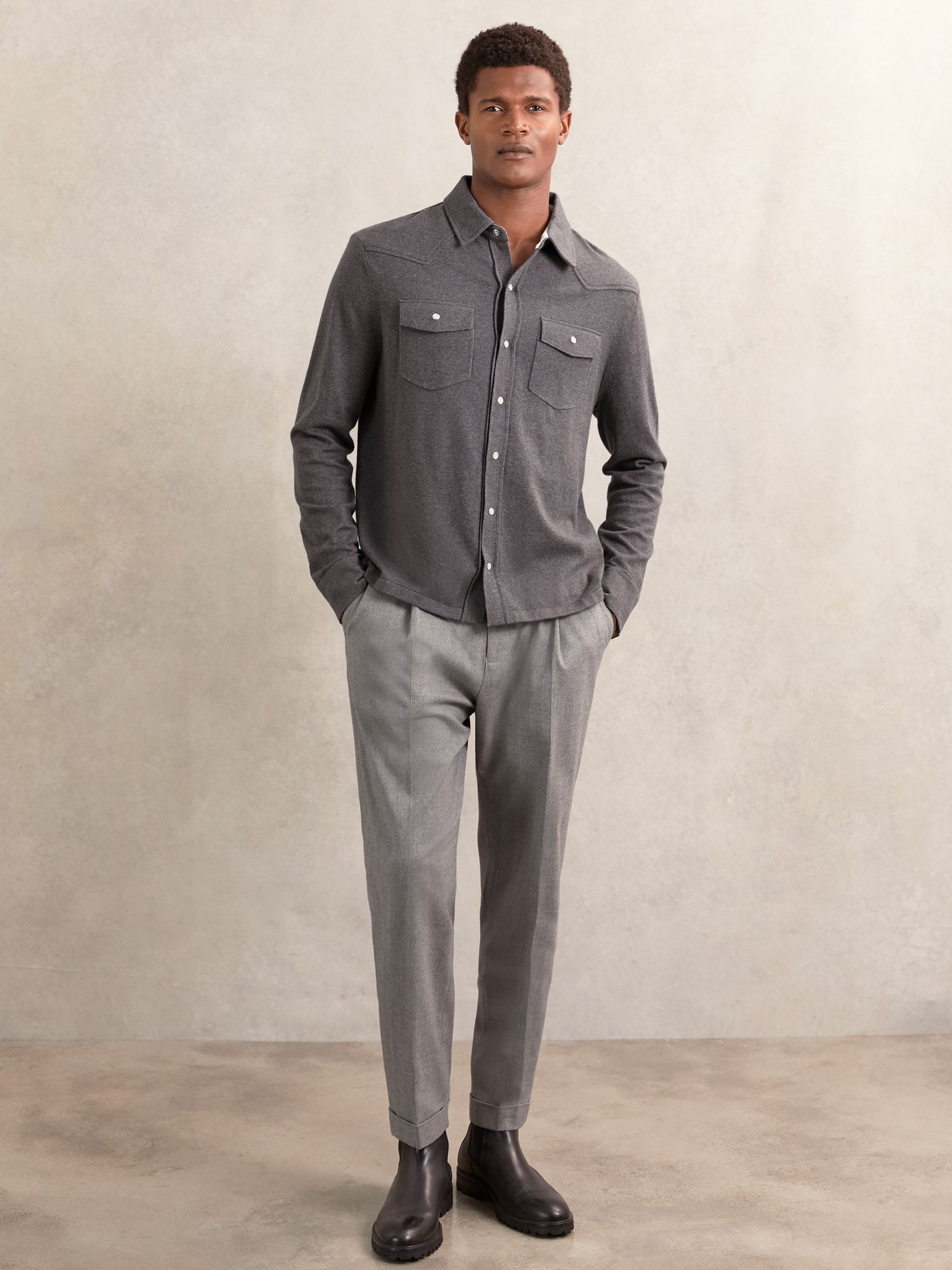 Cotton-Cashmere Western Knitted Shirt in Charcoal Grey