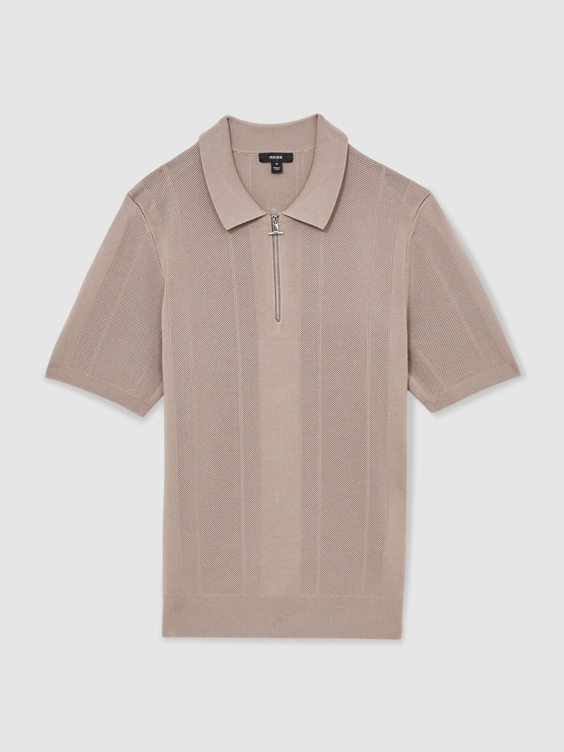 Half-Zip Textured-Knit Polo Shirt in Taupe Brown