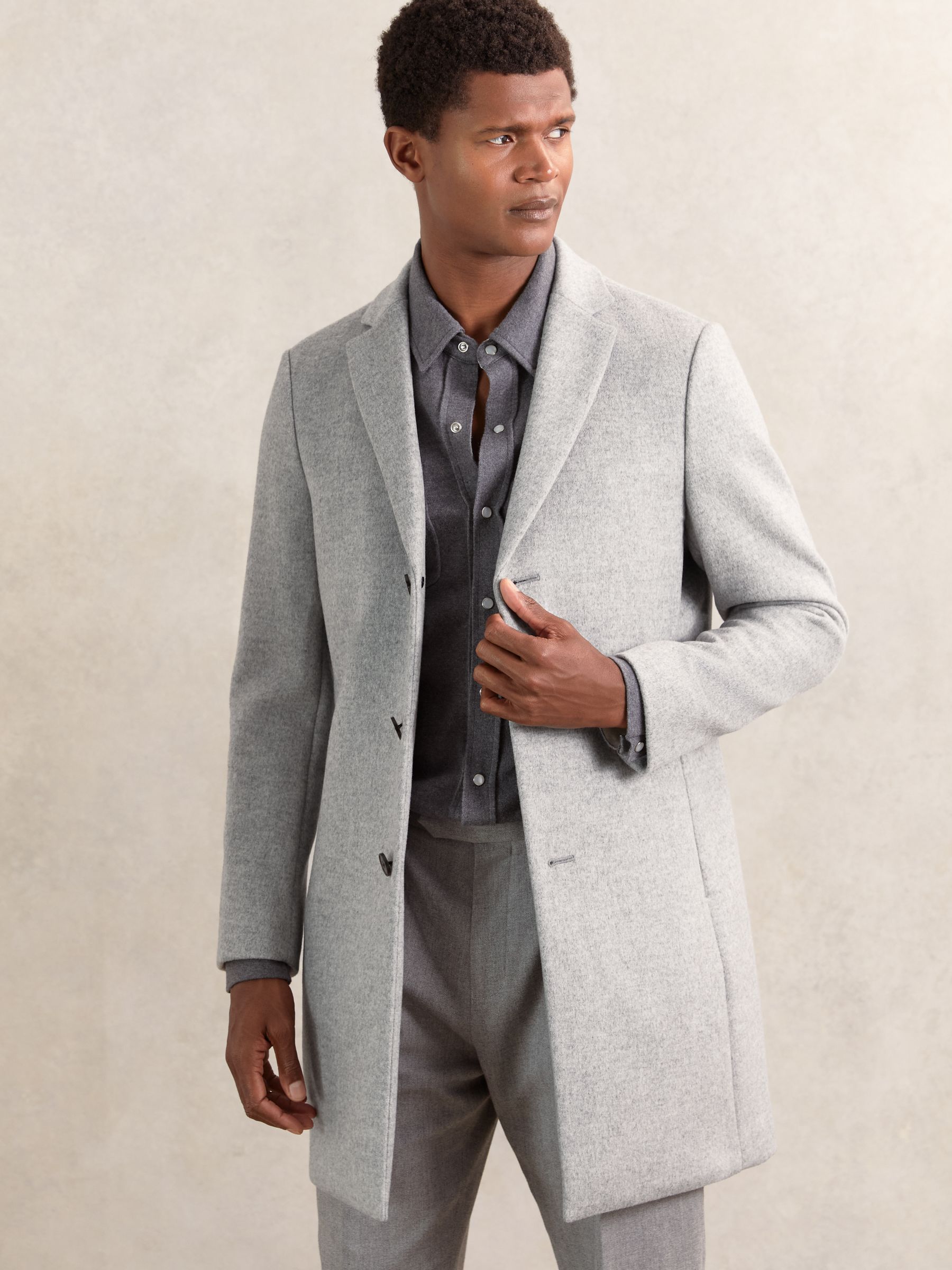 Wool-Blend Single-Breasted Overcoat in Soft Grey