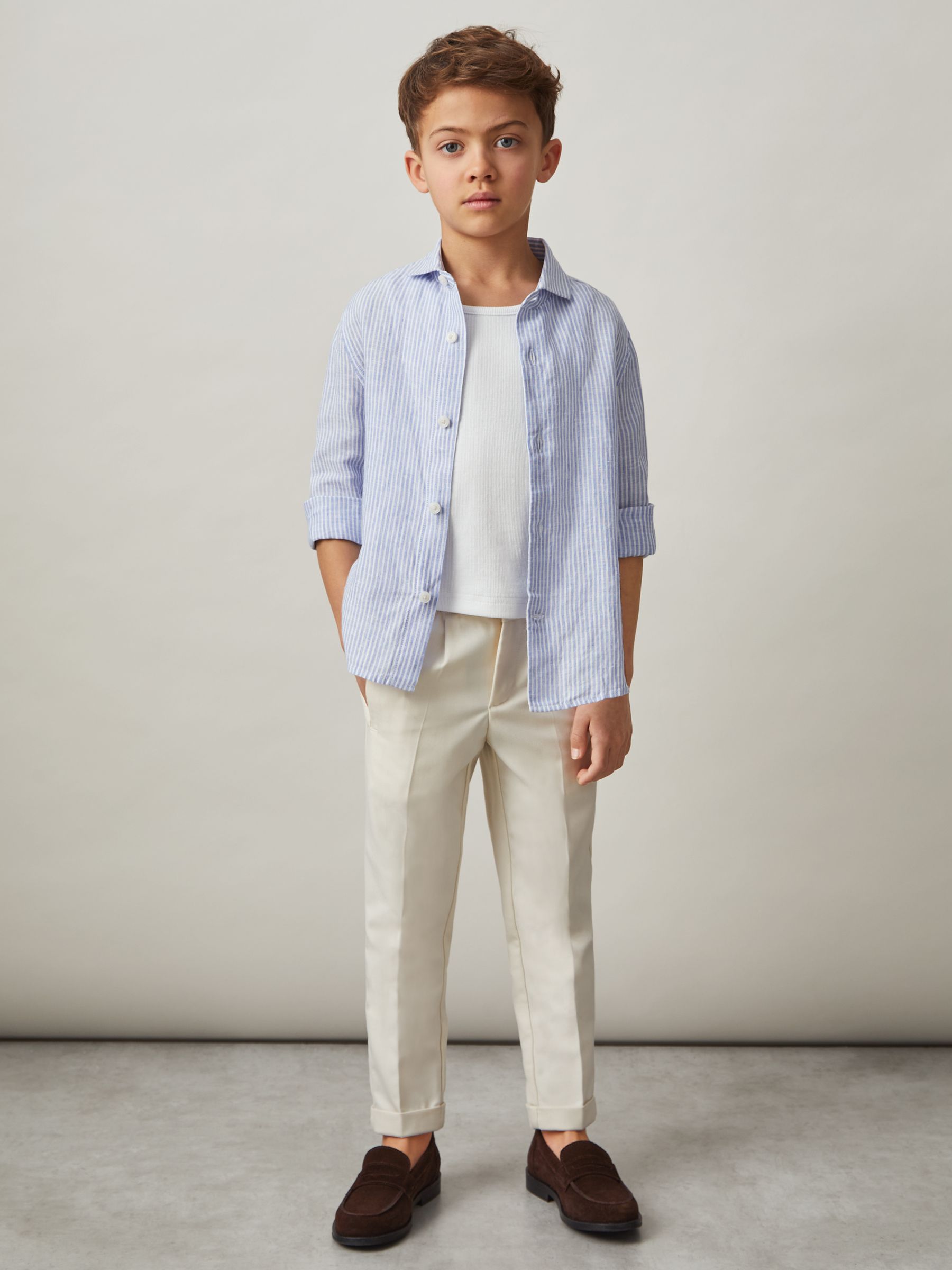 13-14 yrs Linen Cutaway Collar Shirt in Blue/White Stripe