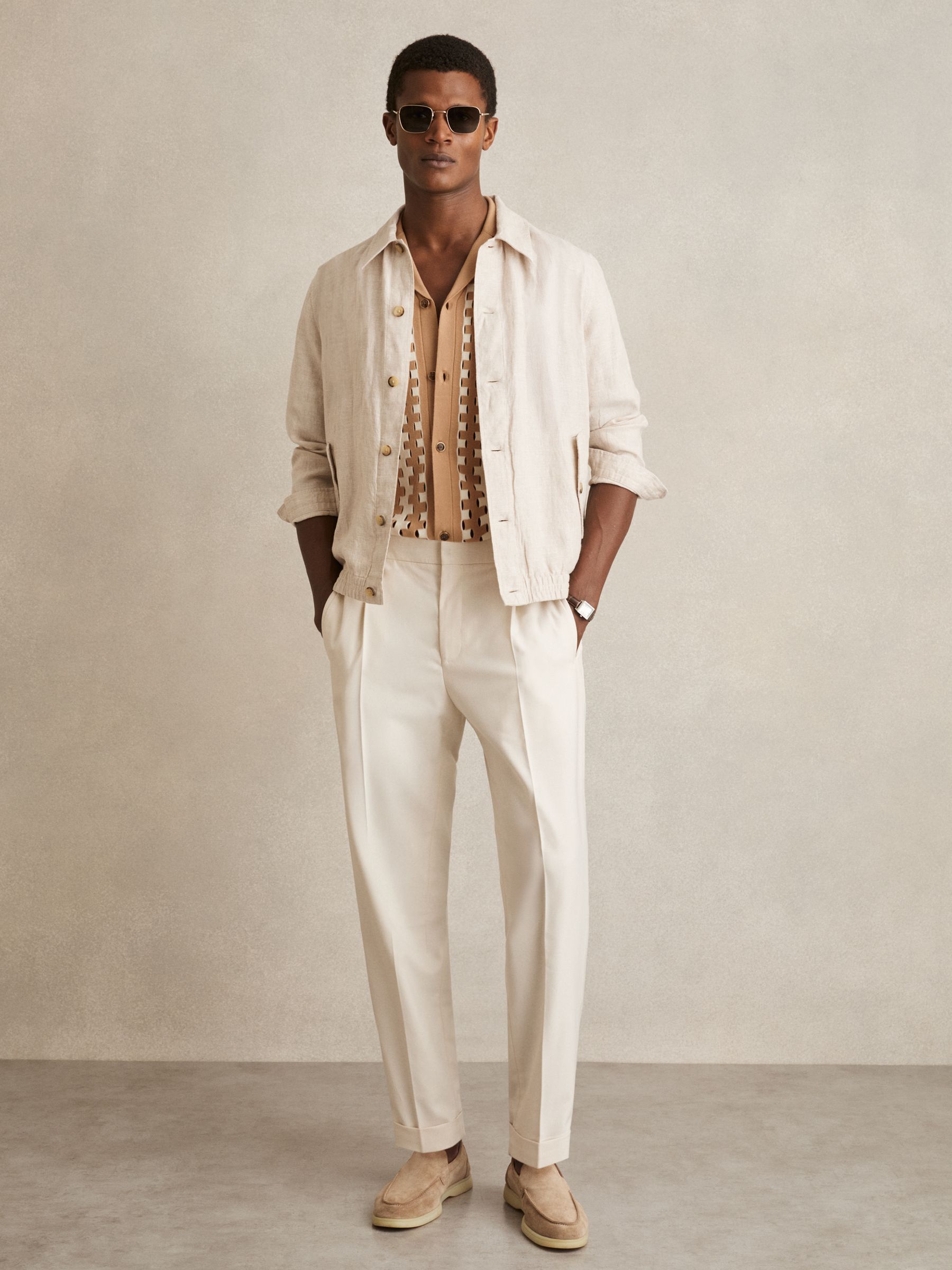 Geometric Cuban-Collar Knit Shirt in Camel/Off White