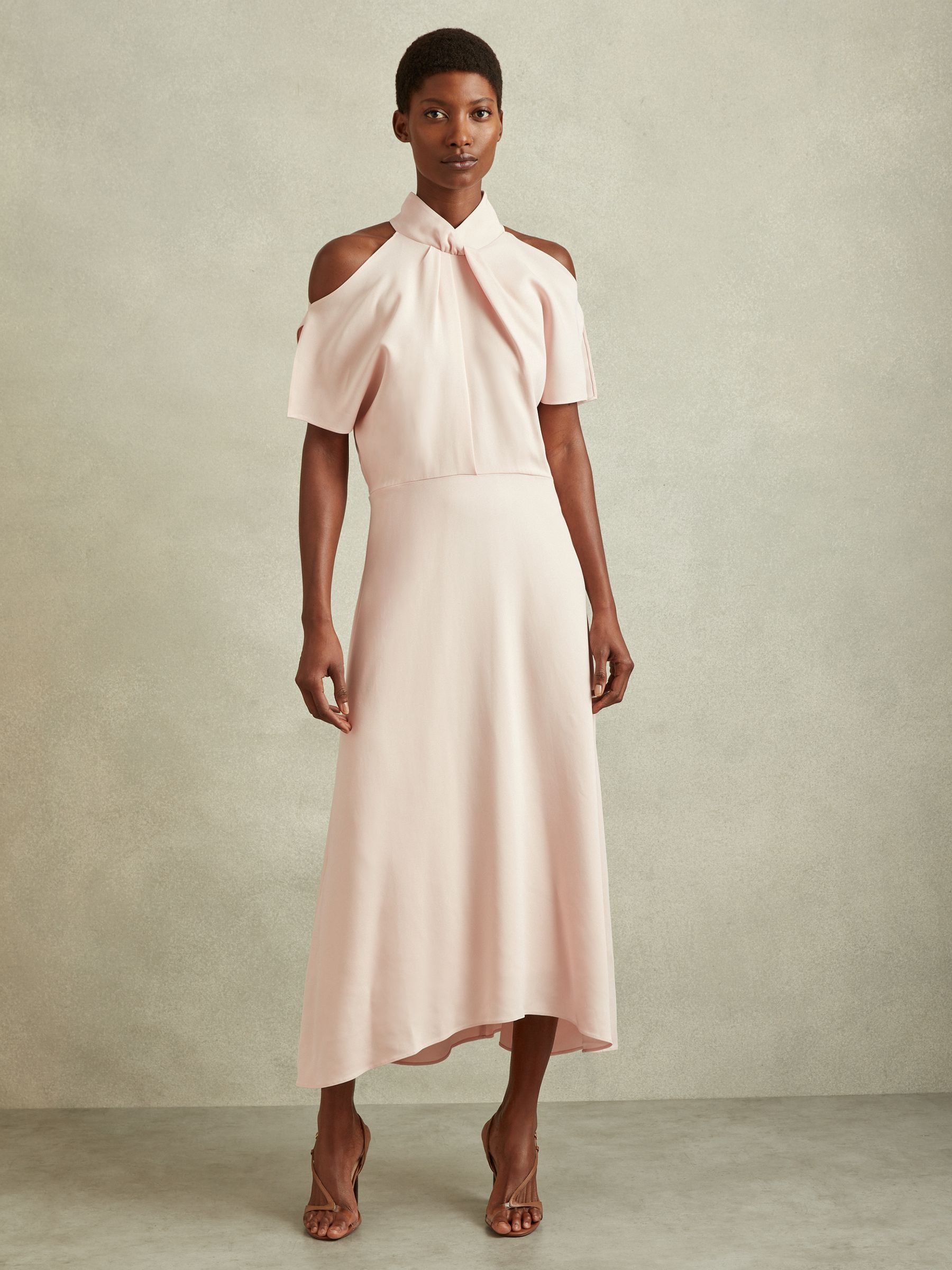 Twist Neck Cut Out Midi Dress in Nude