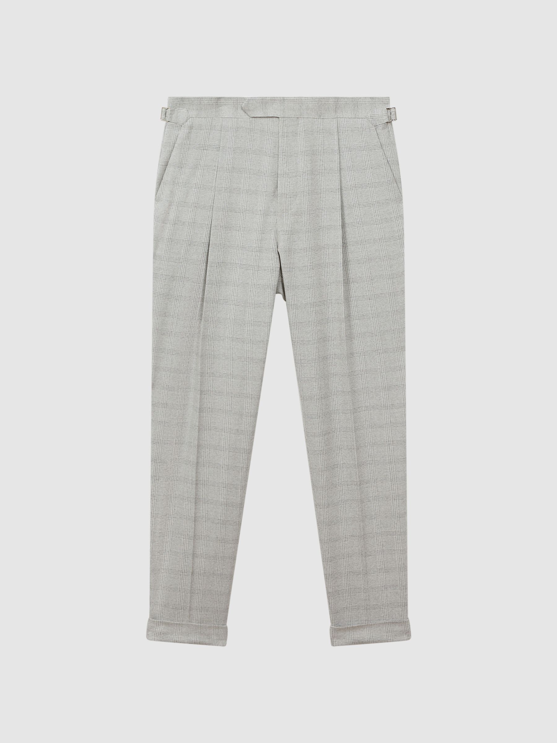 Slim Fit Prince of Wales Rolled Hem Trousers in Soft Grey
