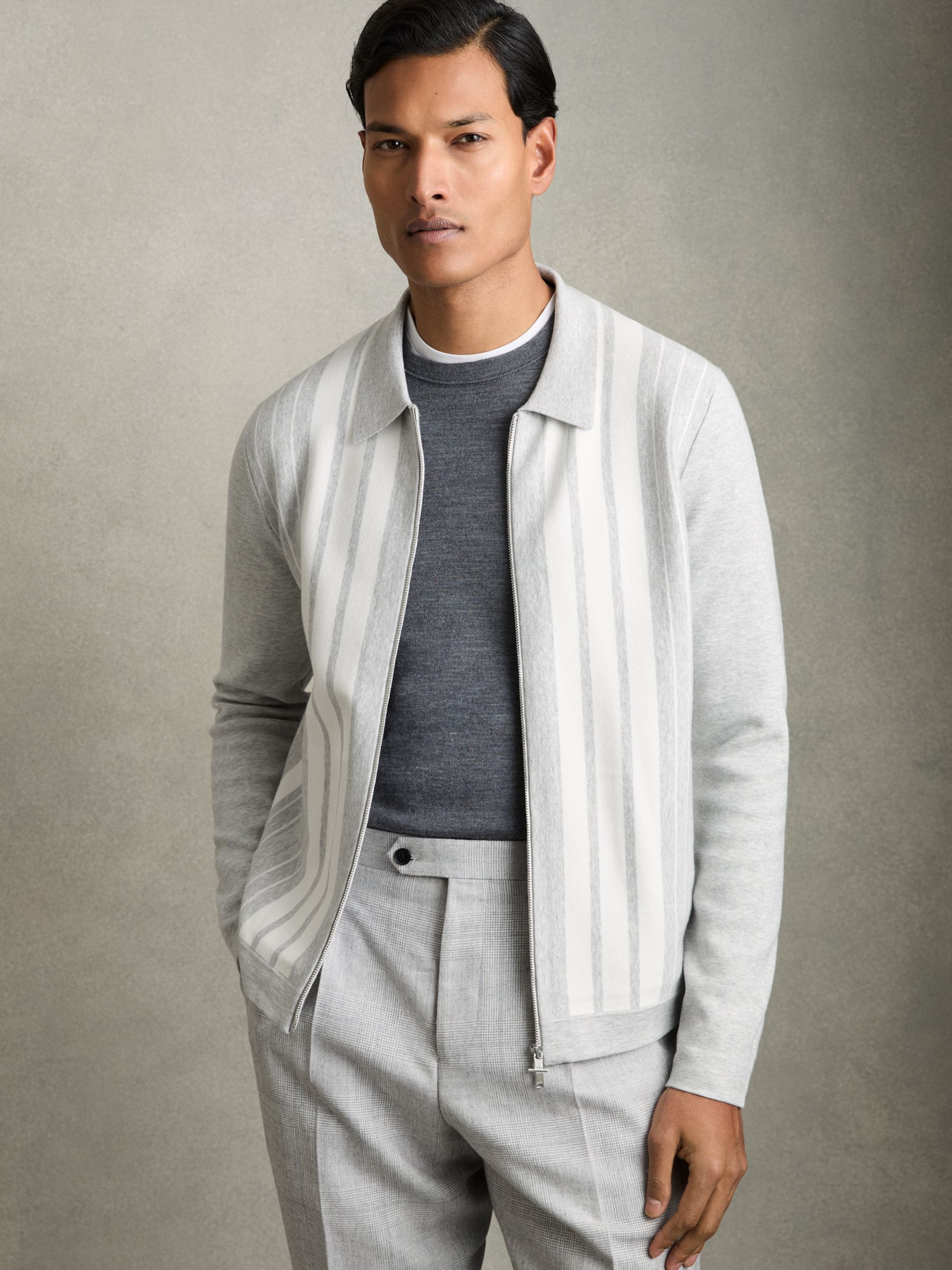 Striped Zip Through Knitted Jacket in Grey Melange/White