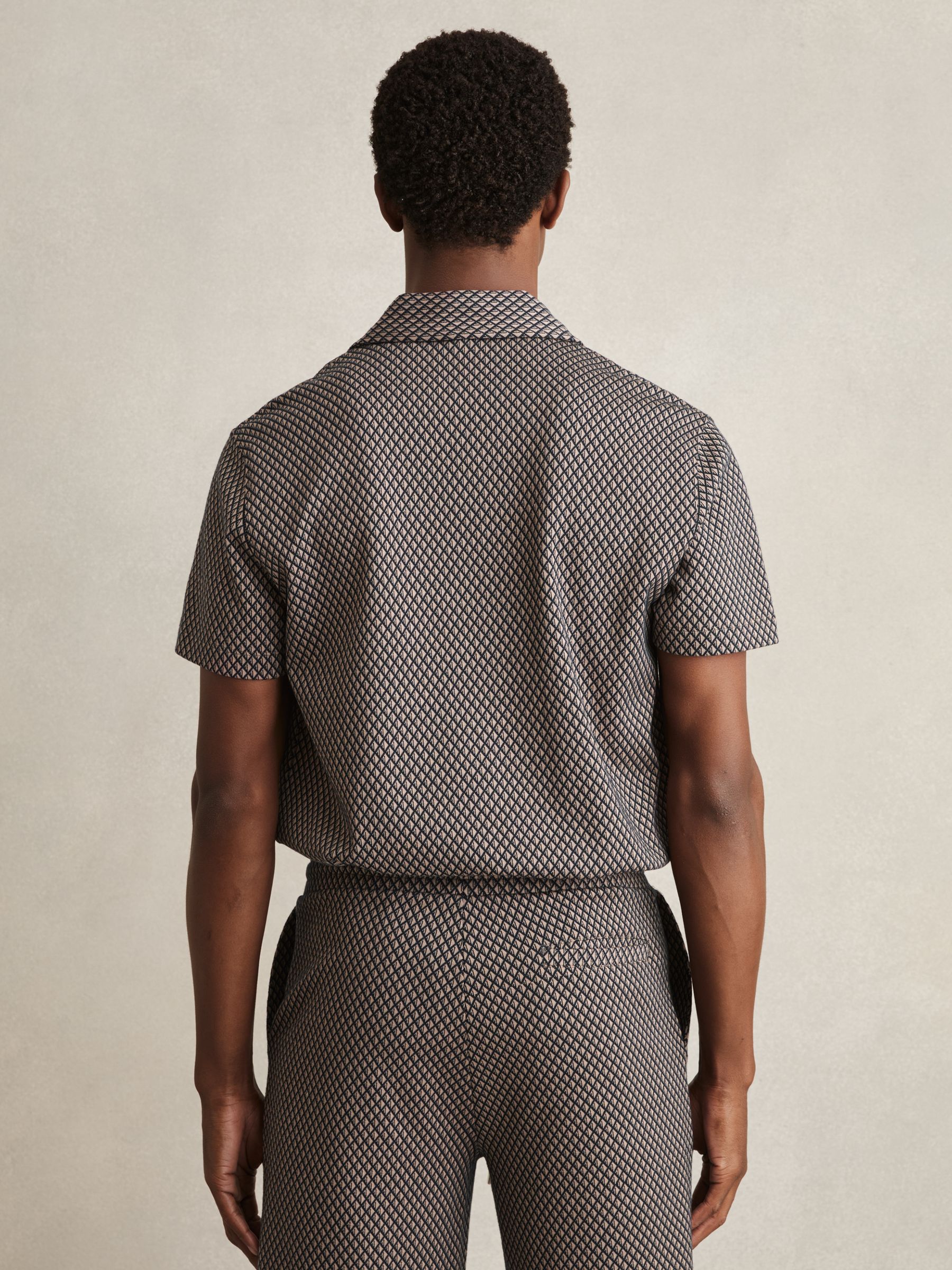 Geometric Jacquard Cuban-Collar Shirt in Tobacco Brown/Navy