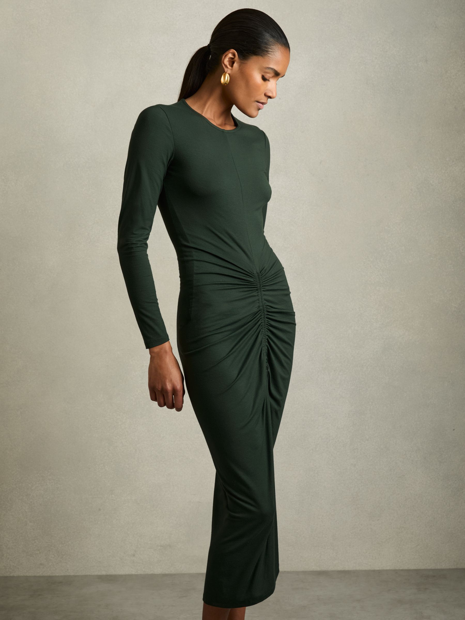 Petite Ruched Jersey Midi Dress in Green