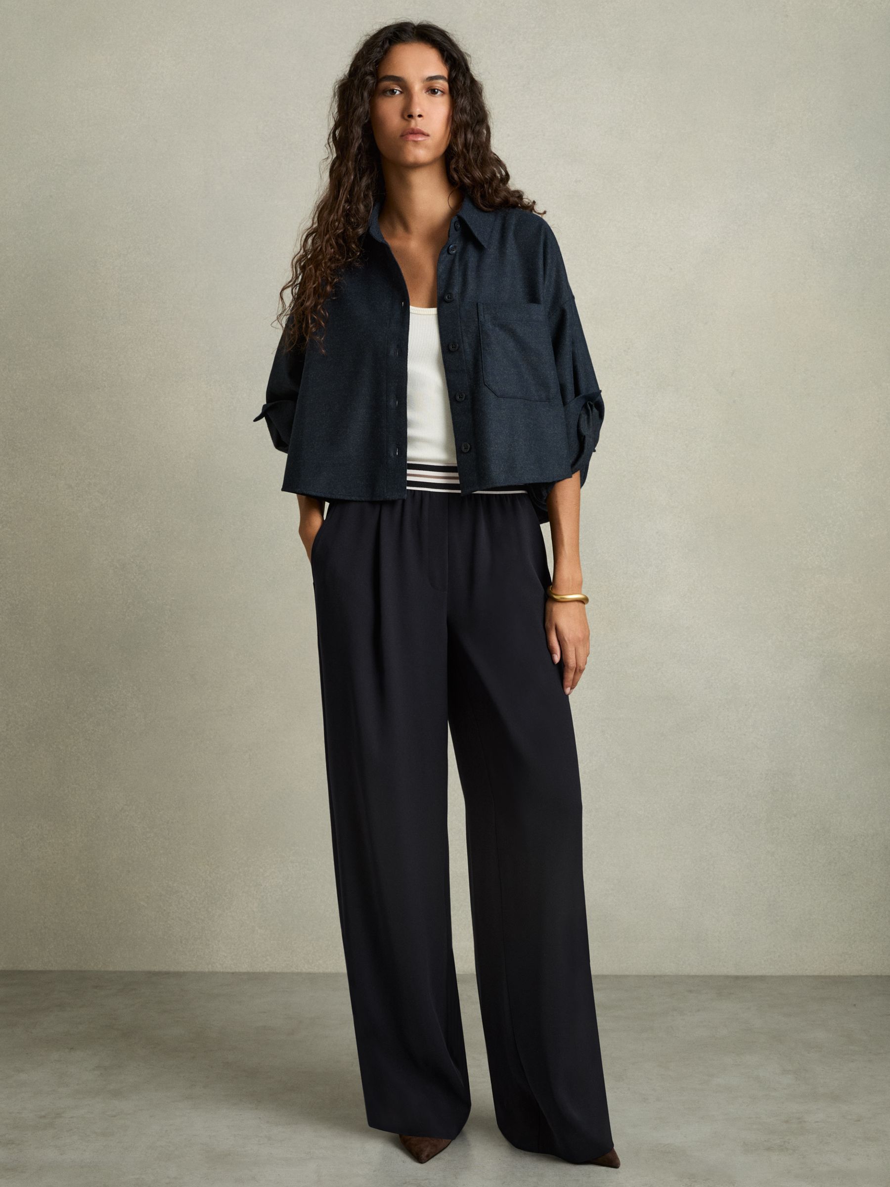 Stripe-Waistband Wide-Leg Trousers in Navy