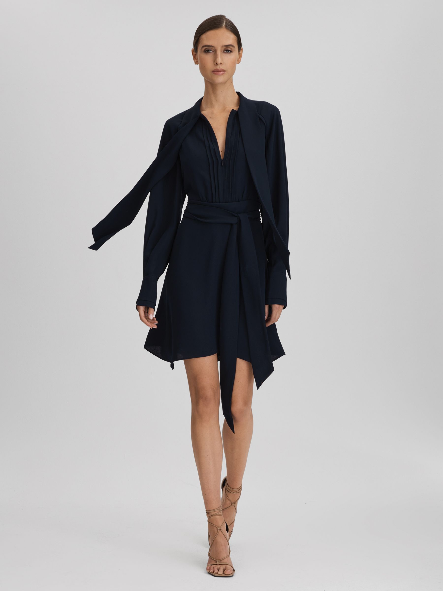 Tie Neck Zip Front Mini Dress in Navy