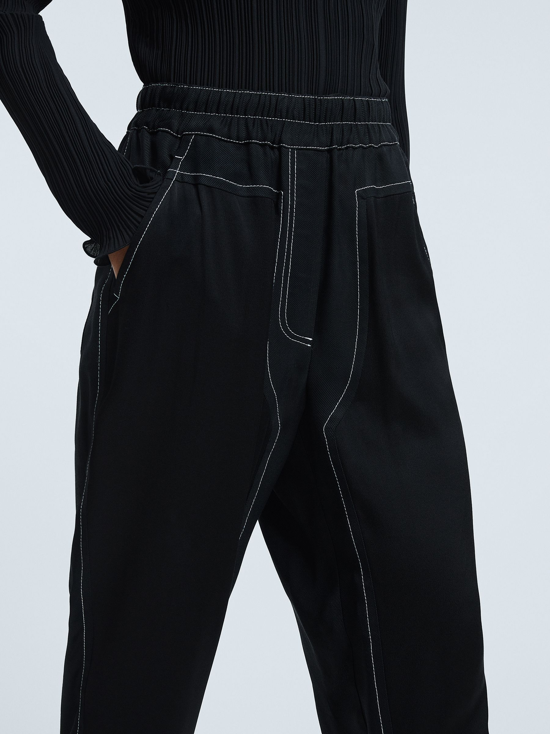 Atelier Italian Relaxed Contrast Stitch Drawstring Trousers in Black