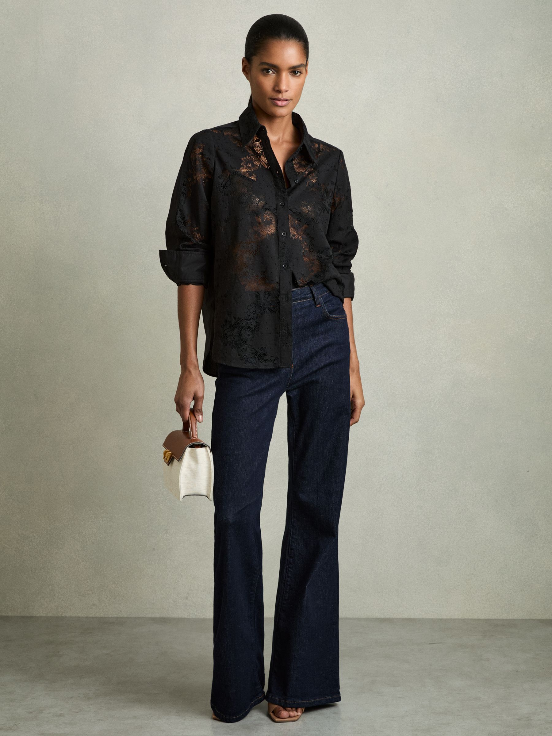 Lace-Front Shirt With Cotton in Black