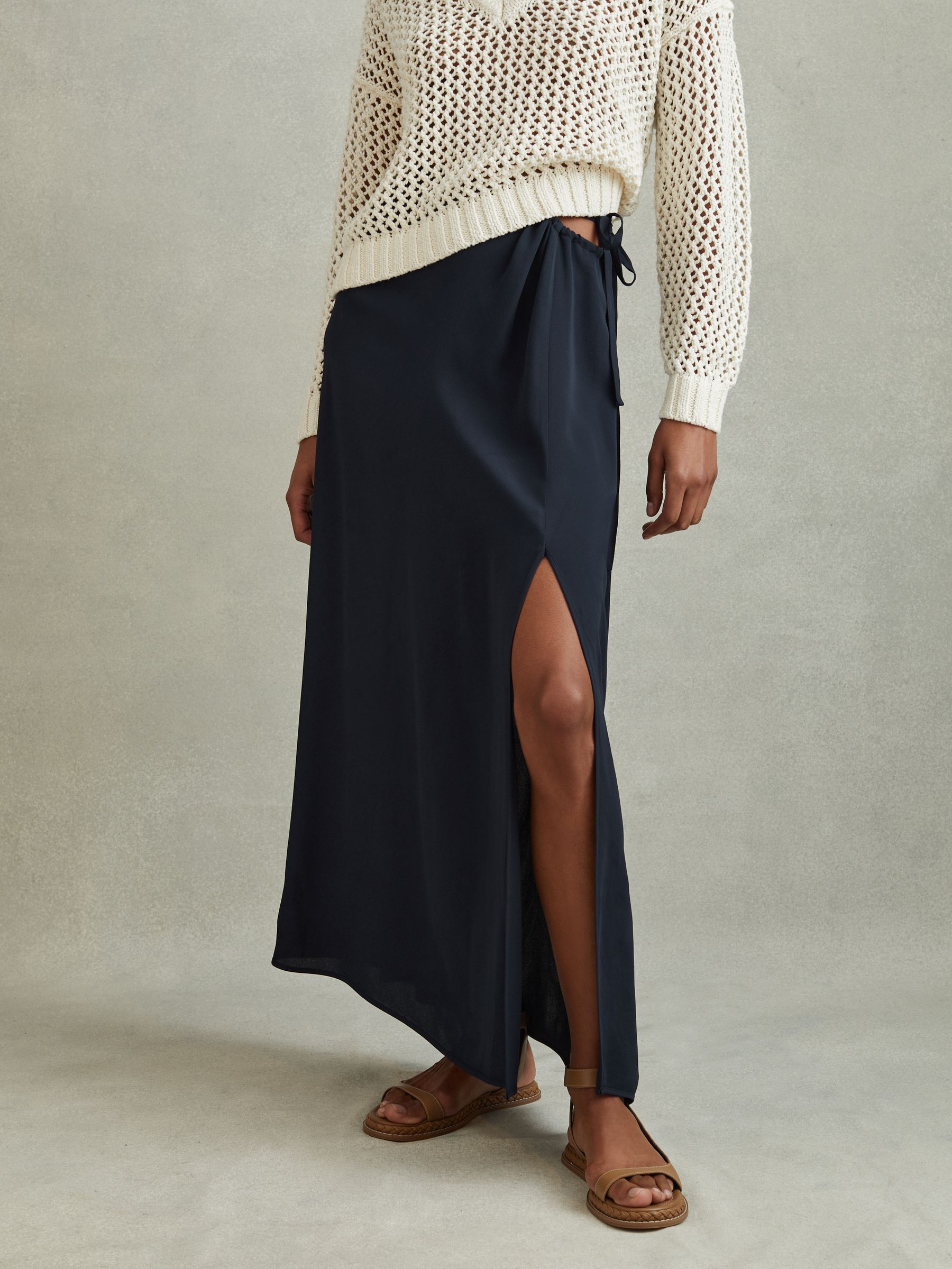 Gathered Side Midi Skirt in Navy