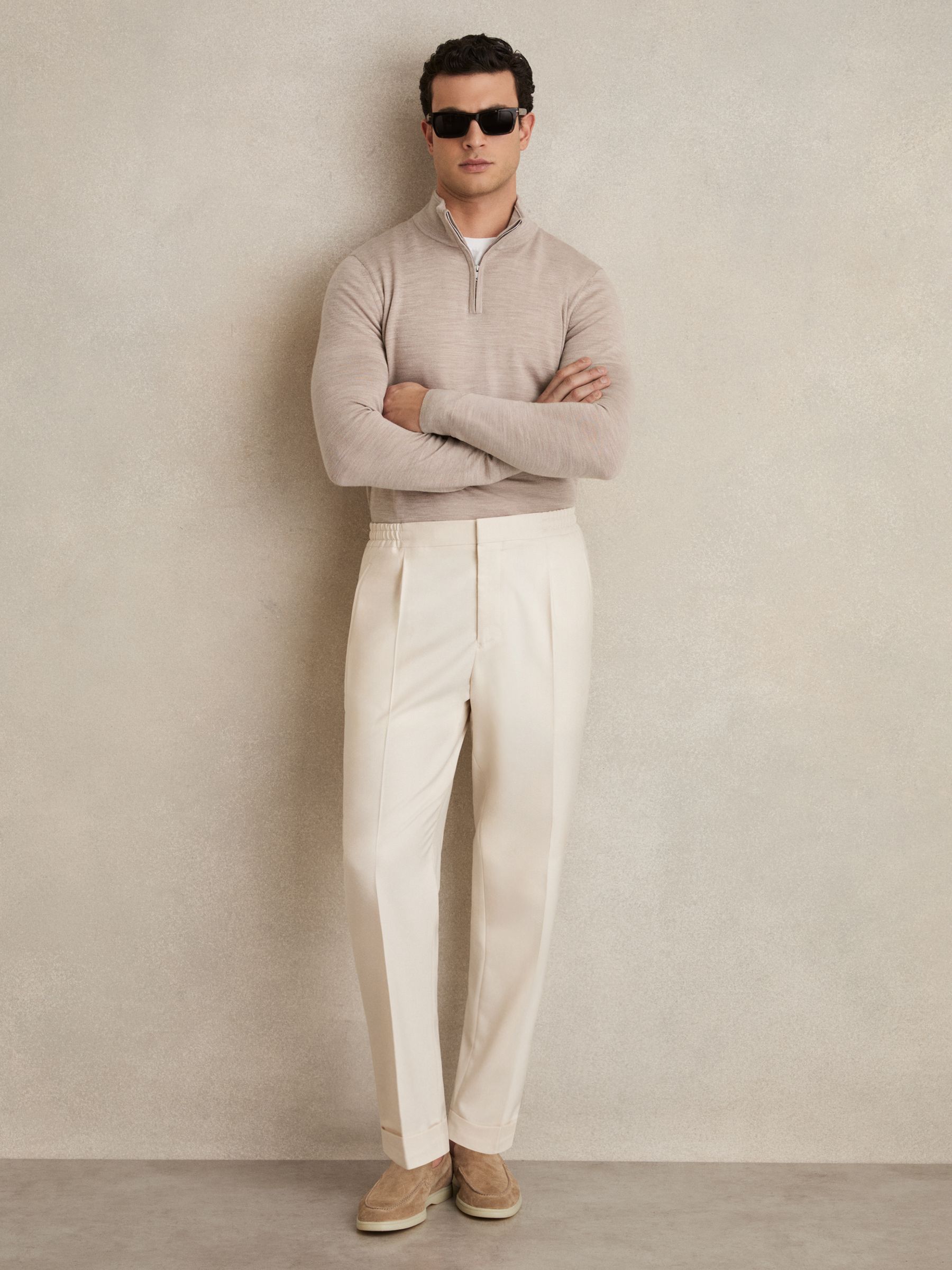 Merino Wool Half-Zip Funnel Neck Jumper in Wheat Melange