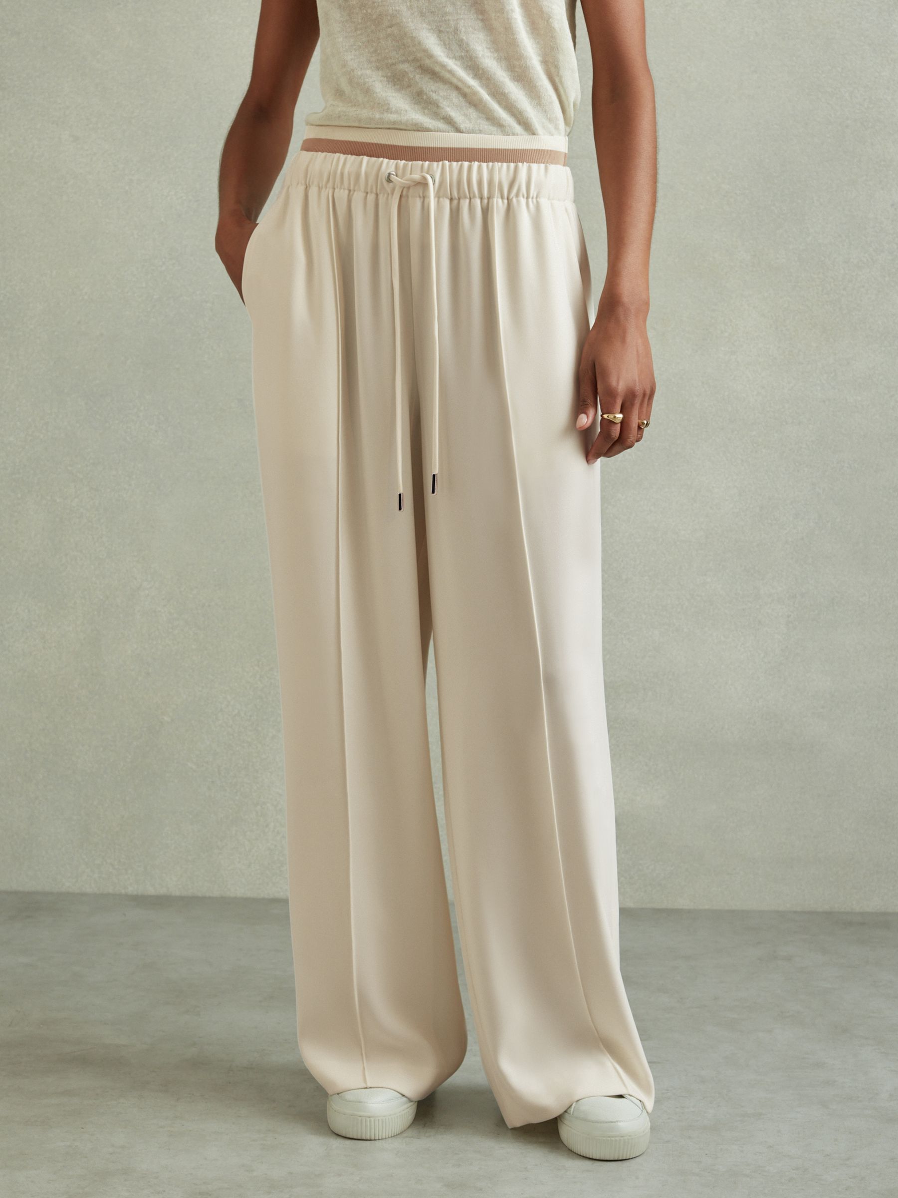 Waistband Detail Wide Leg Trousers in Cream