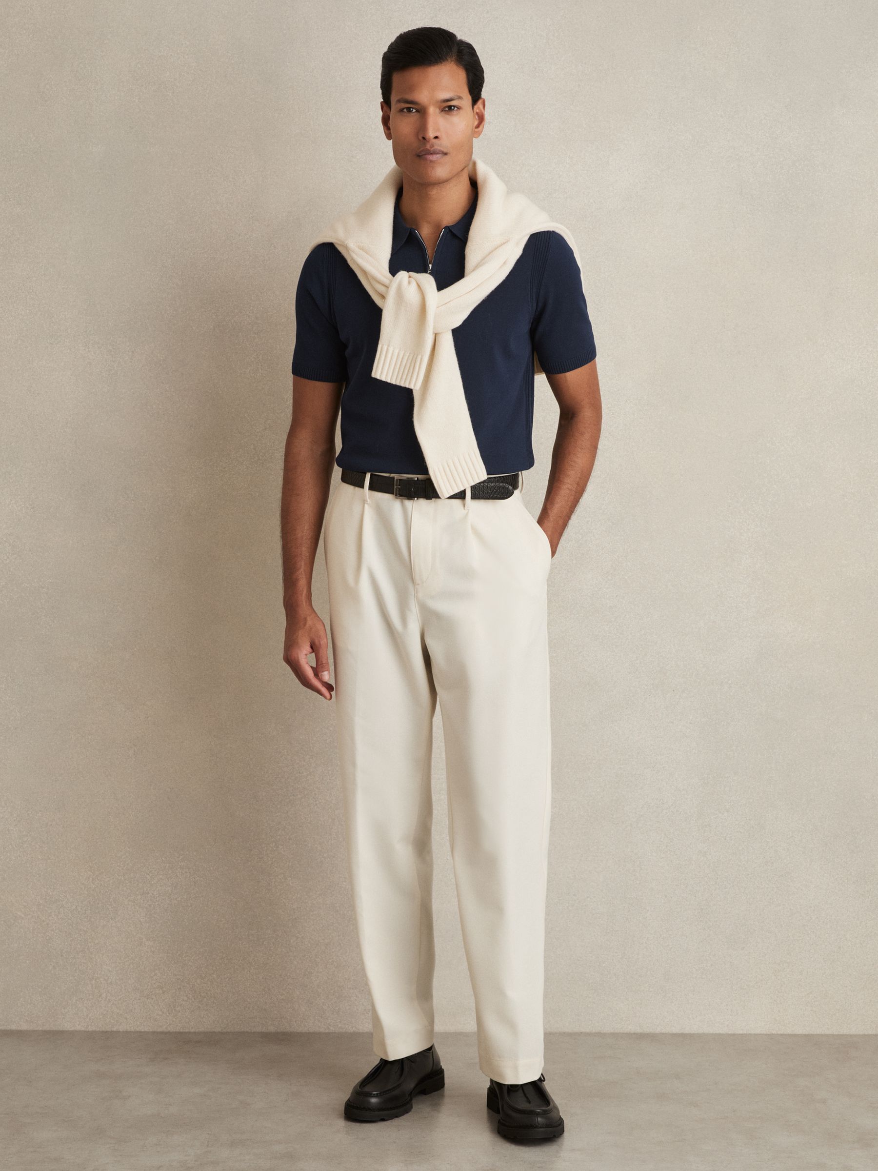 Cotton Half-Zip Knitted Polo Shirt in Navy