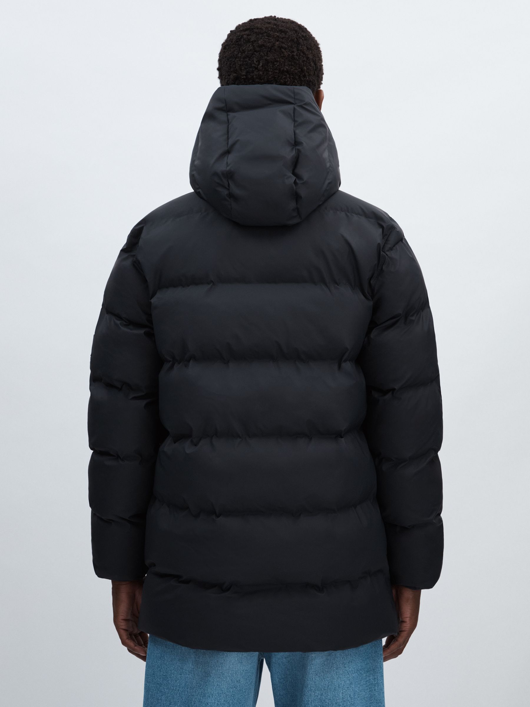 Rains Long Puffer Cargo Jacket in Navy Blue