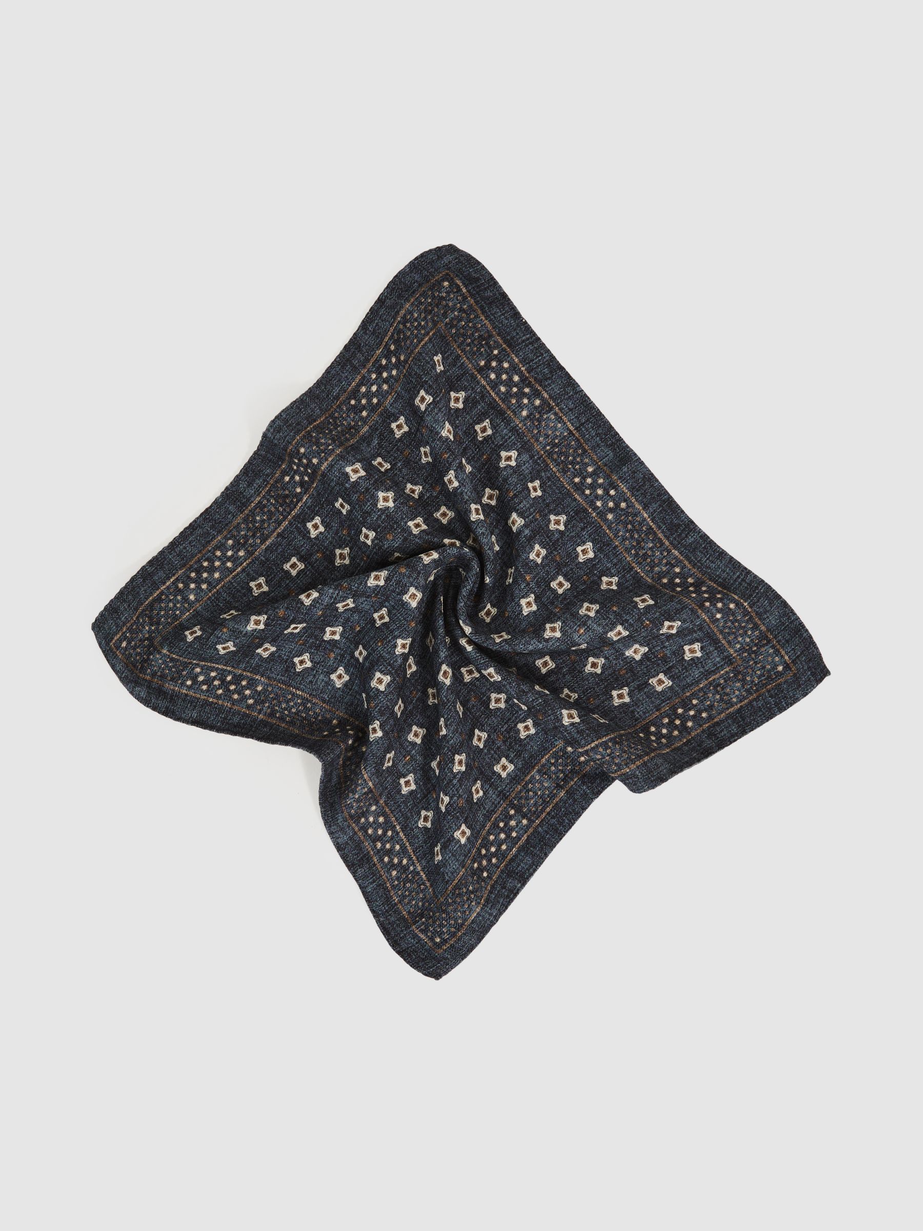 Silk Floral-Medallion Pocket Square in Denim Blue Melange