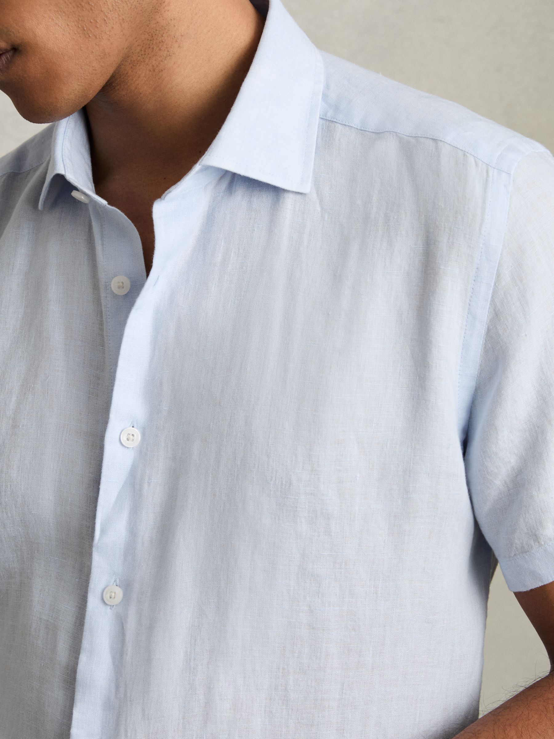 Slim Fit Linen Button-Through Shirt in Pale Blue