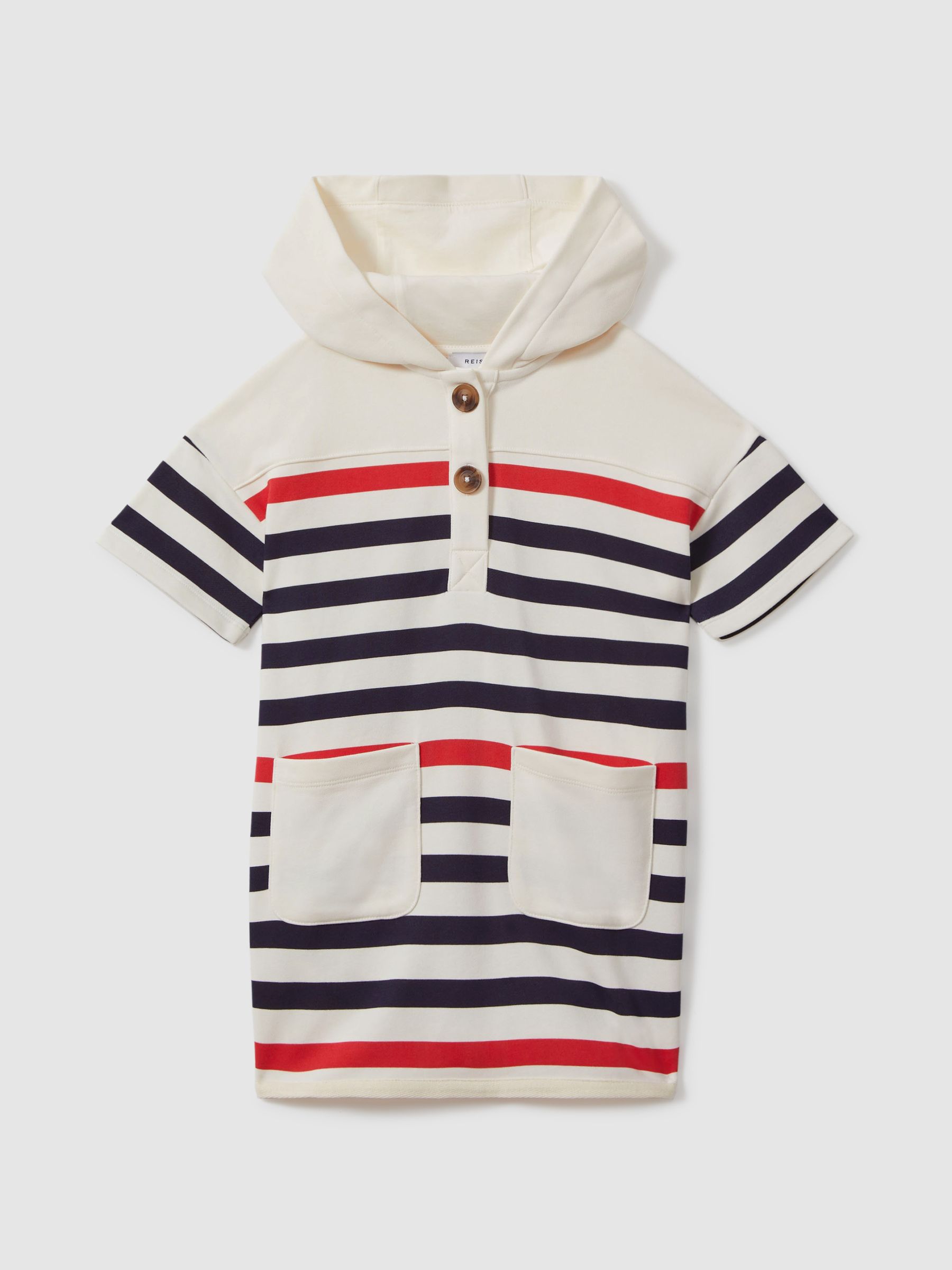 9-13 yrs Striped Jersey Hooded Dress in Ecru