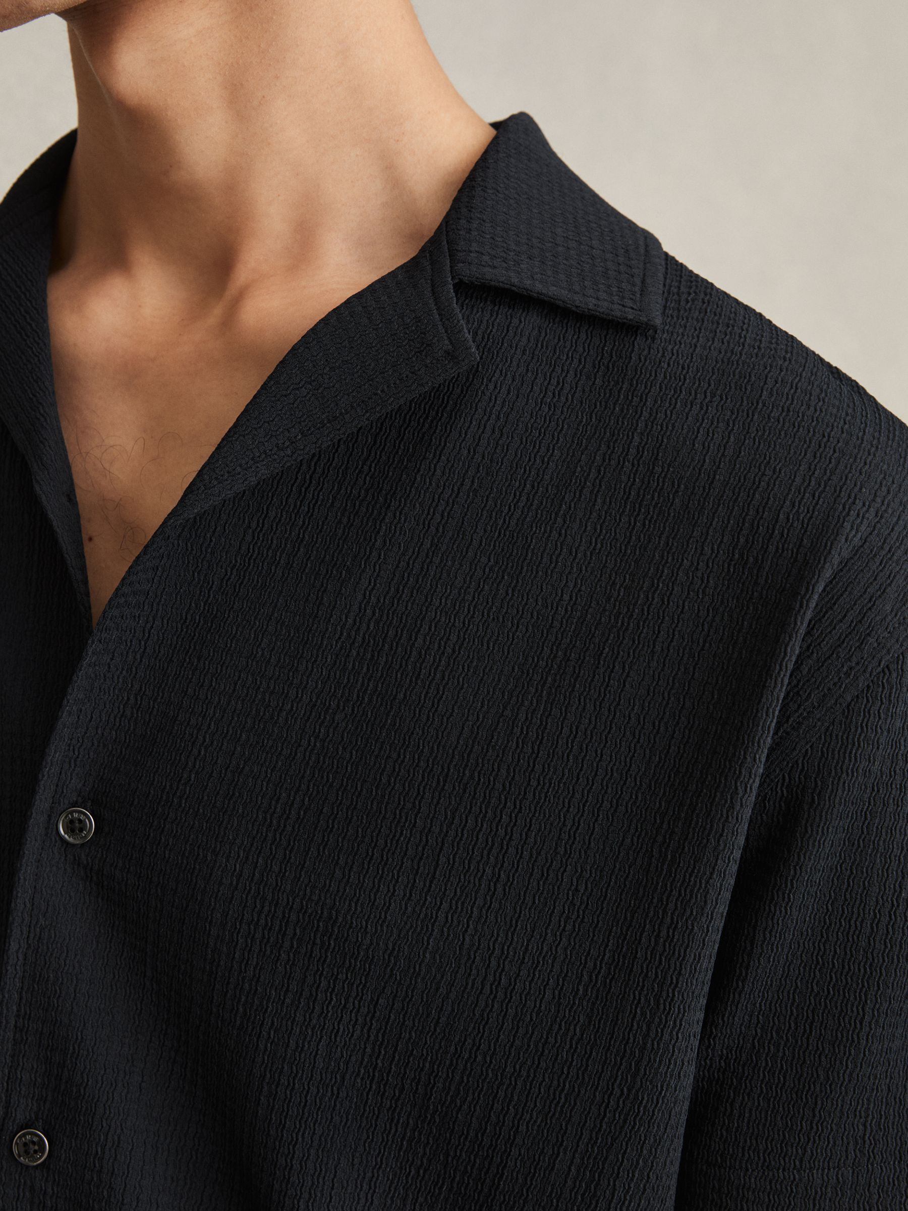 Textured Crepe Cuban Collar Shirt in Navy