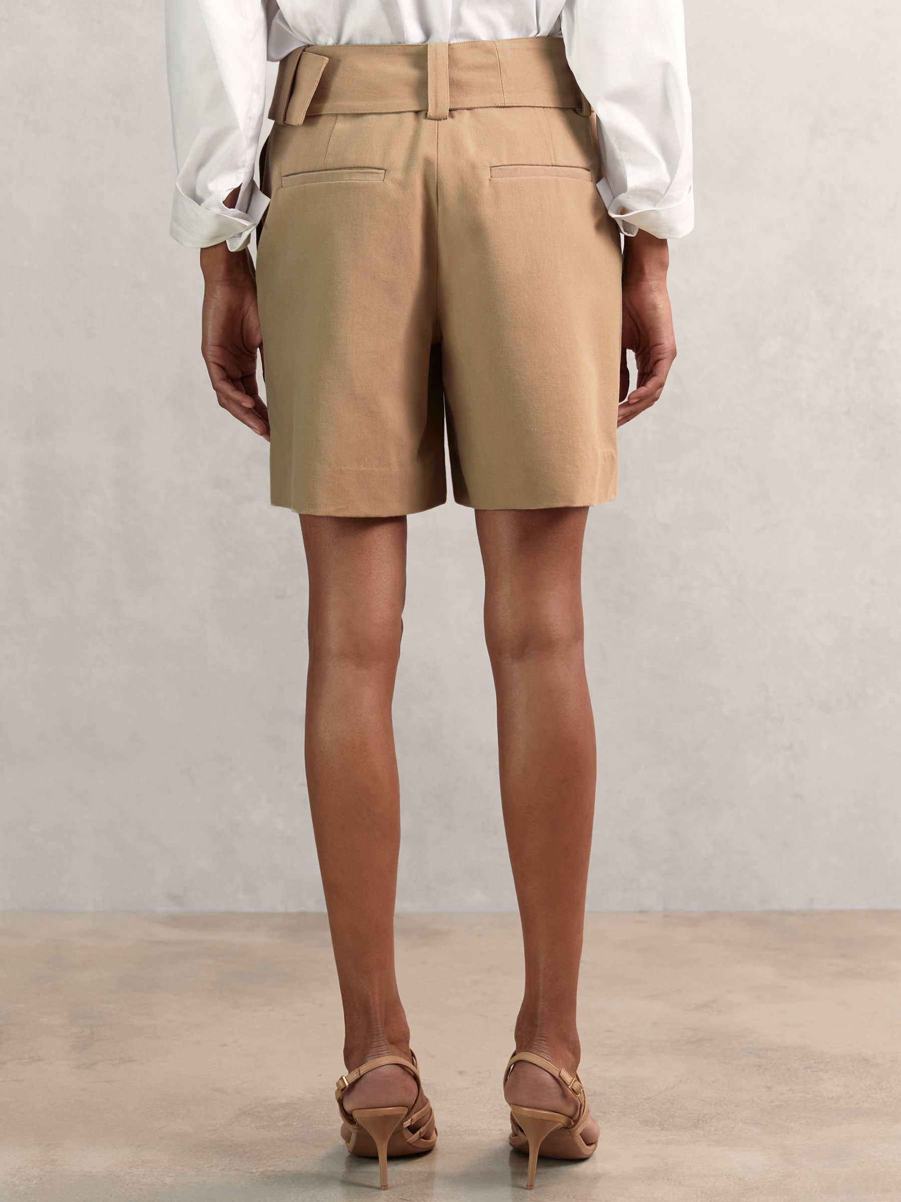 Cotton-Blend Belted Shorts With Linen in Camel