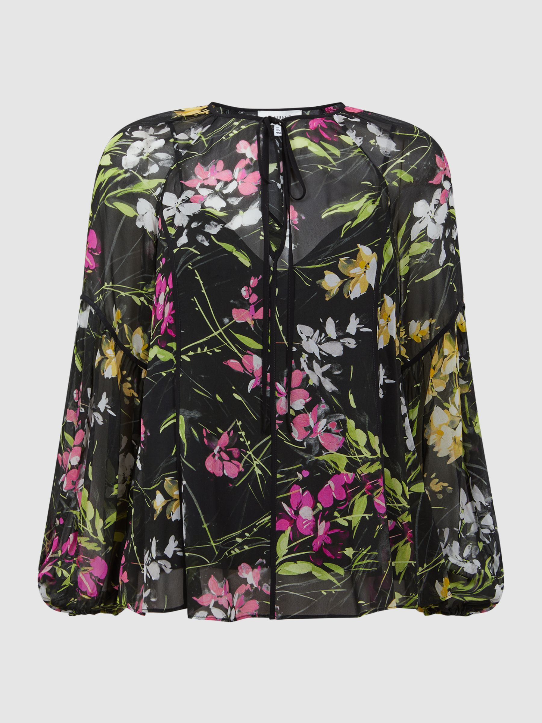 Florere Sheer Floral Tie Neck Blouse in Black