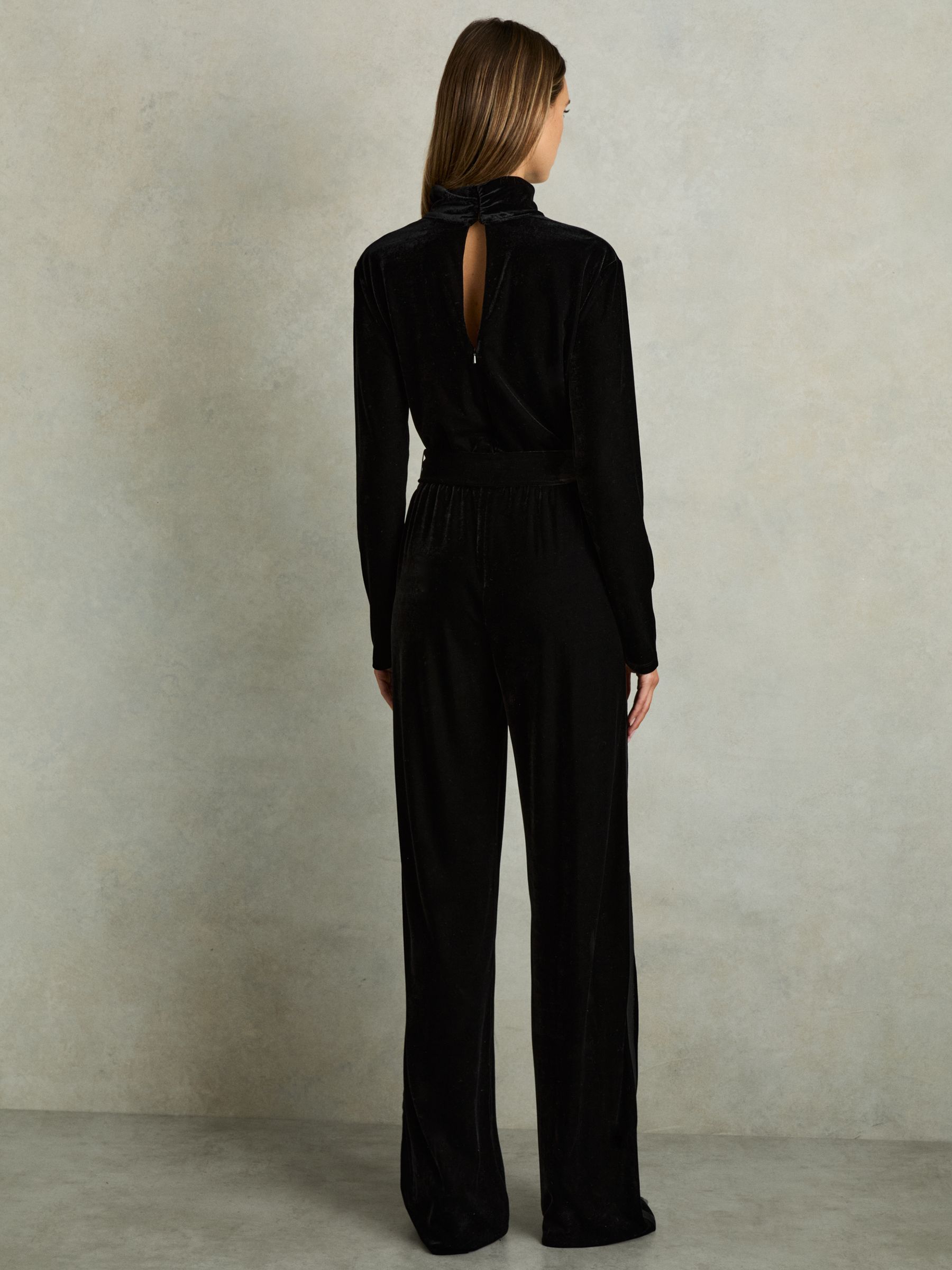 Velvet Belted Wide Leg Jumpsuit in Black