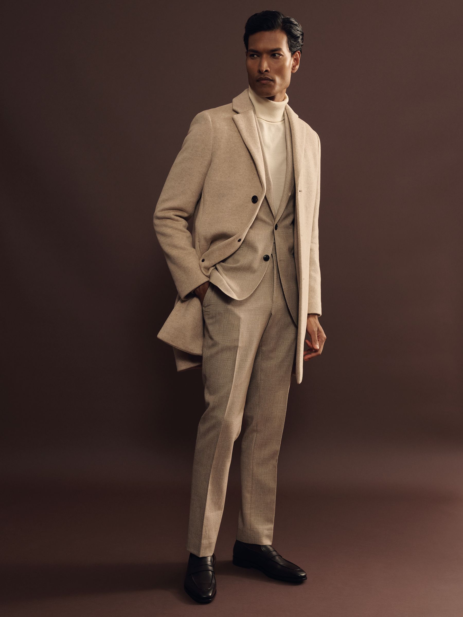 Wool Blend Single Breasted Epsom Overcoat in Oatmeal Herringbone