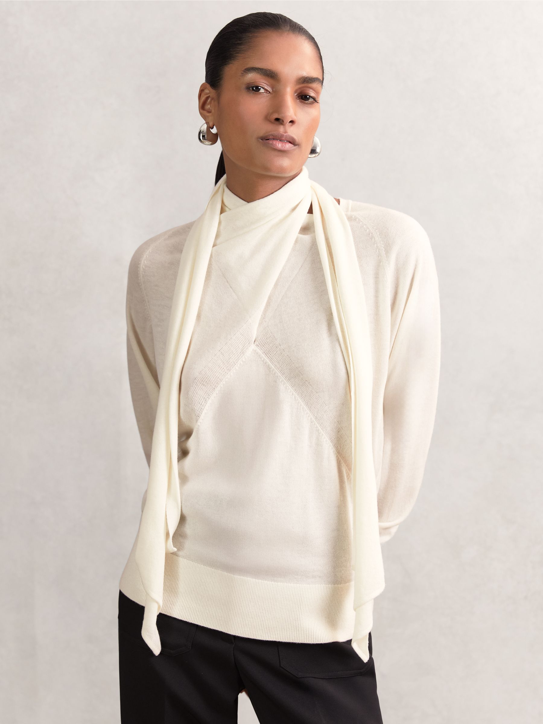 Wool Scarf-Tie Draped Jumper in Cream