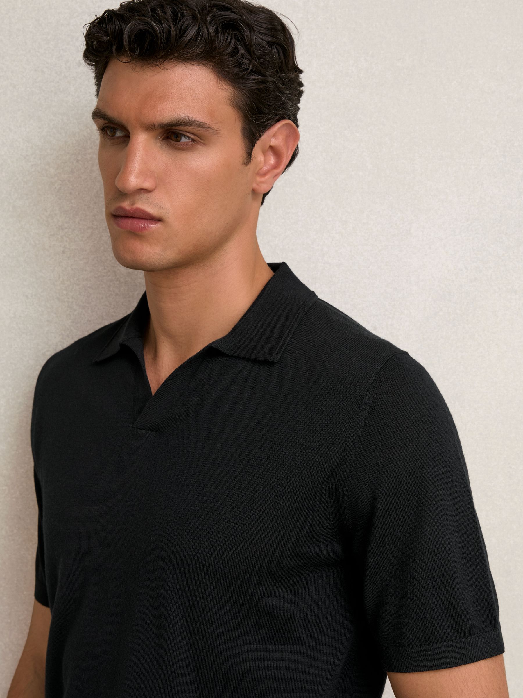 Merino Wool Open-Collar Polo Shirt in Black