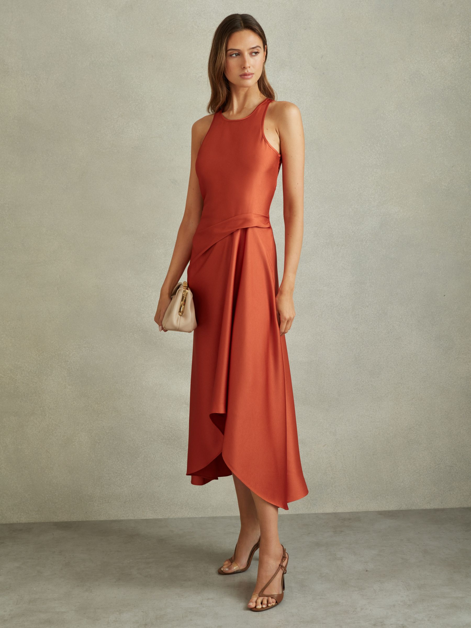 Satin Drape Tuck Midi Dress in Rust
